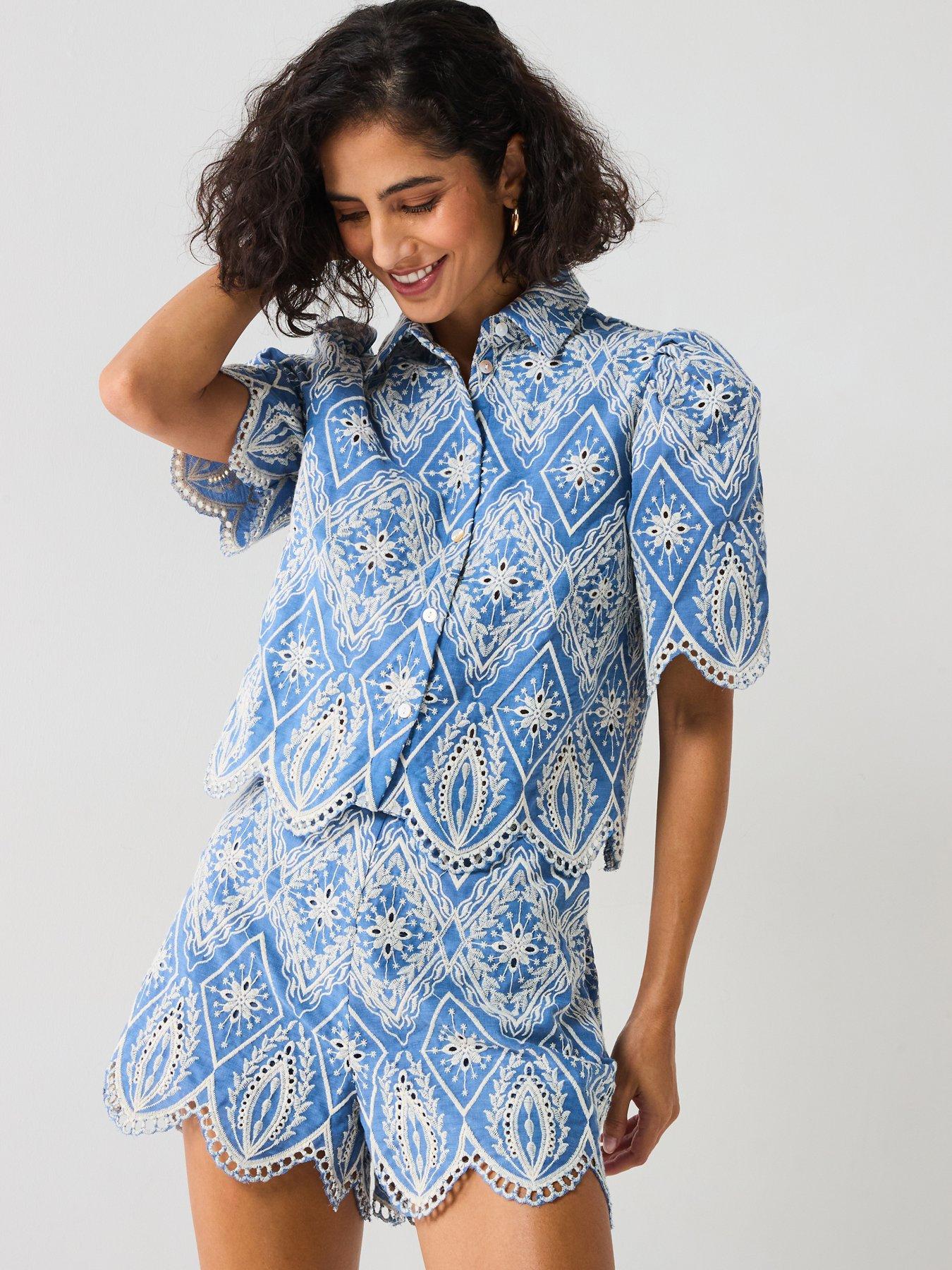  image of v-by-very-co-ord-embroidered-short-sleeve-blouse-blue