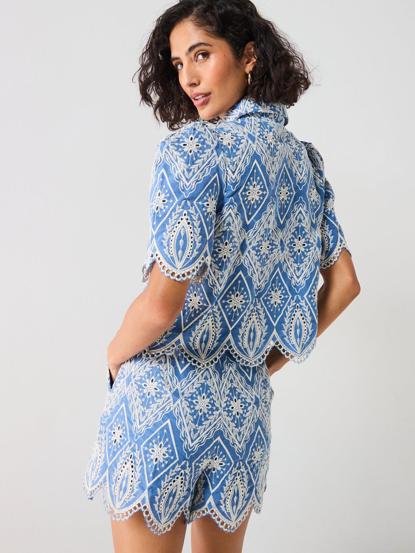  image of v-by-very-co-ord-embroidered-short-sleeve-blouse-blue