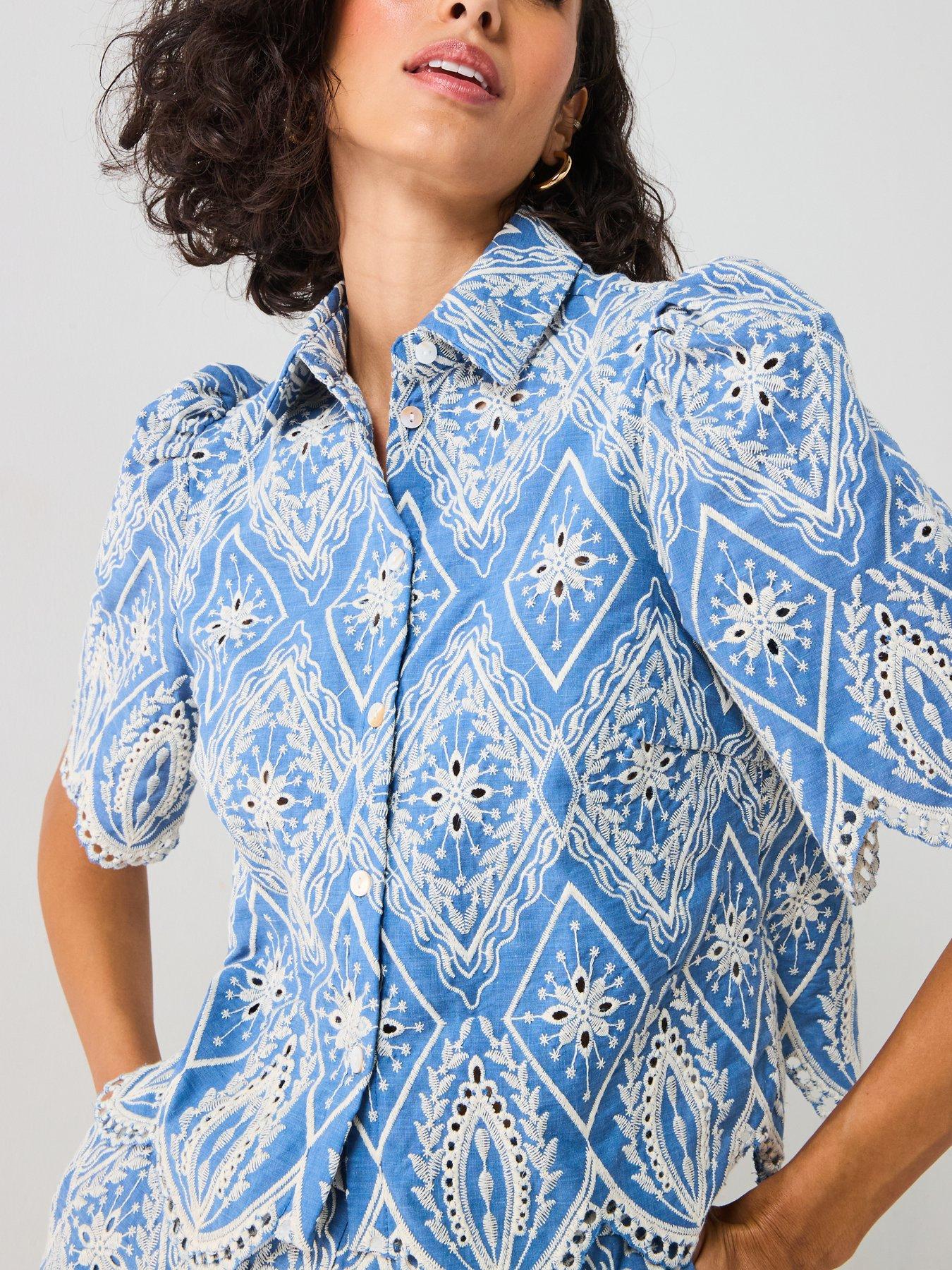  image of v-by-very-co-ord-embroidered-short-sleeve-blouse-blue