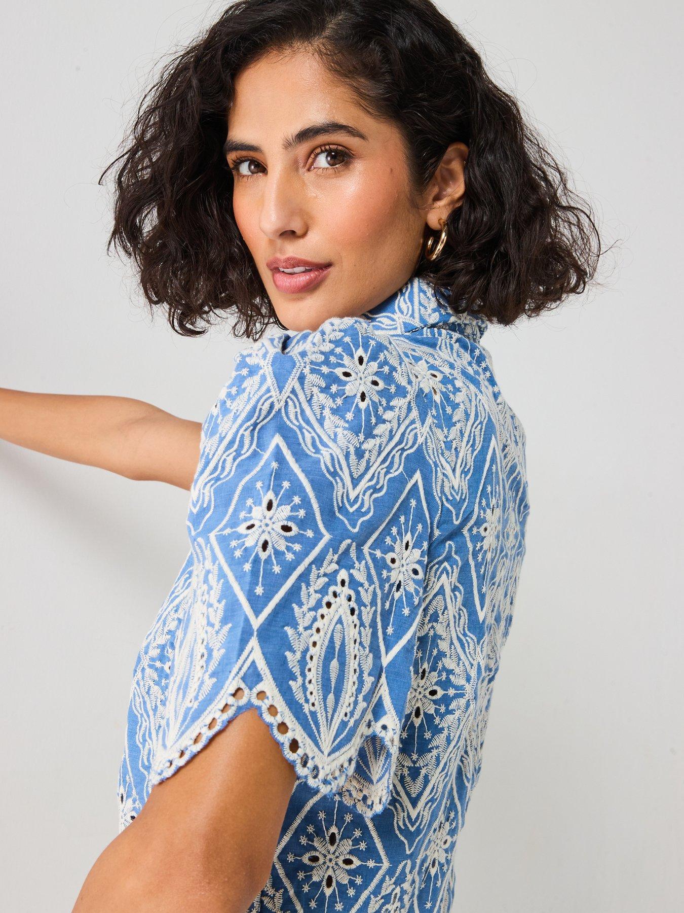  image of v-by-very-co-ord-embroidered-short-sleeve-blouse-blue