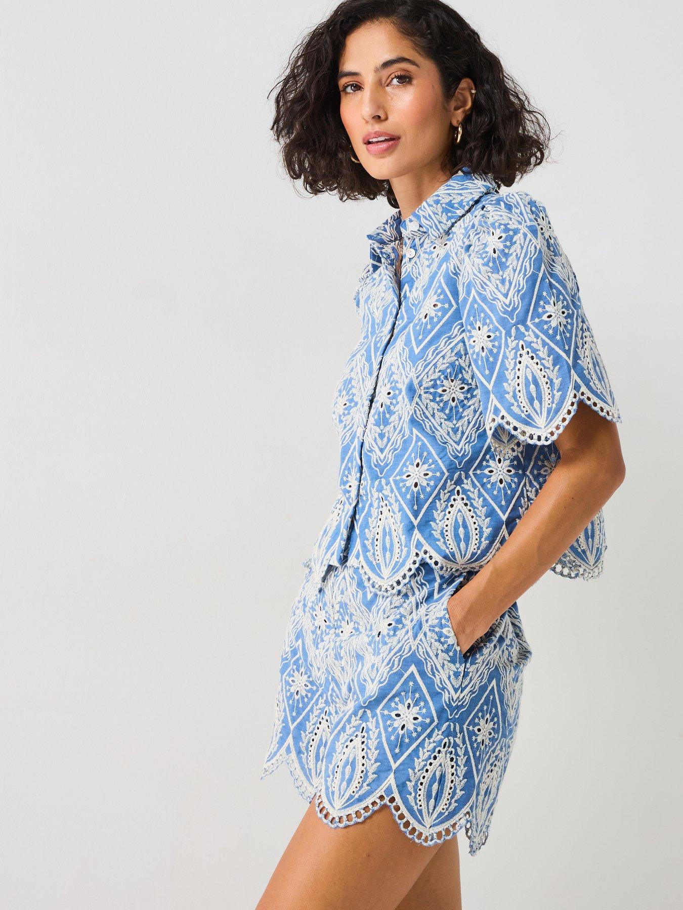  image of v-by-very-co-ord-embroidered-shorts-blue