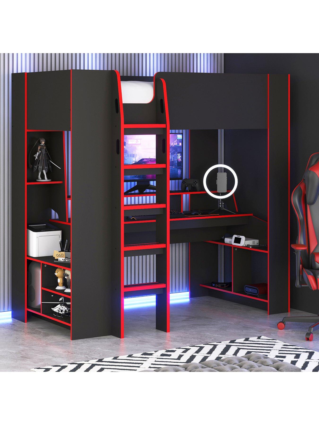 very-home-fenner-high-sleeper-gaming-bed-with-desk-shelves-and-mattress-options-buy-amp-save