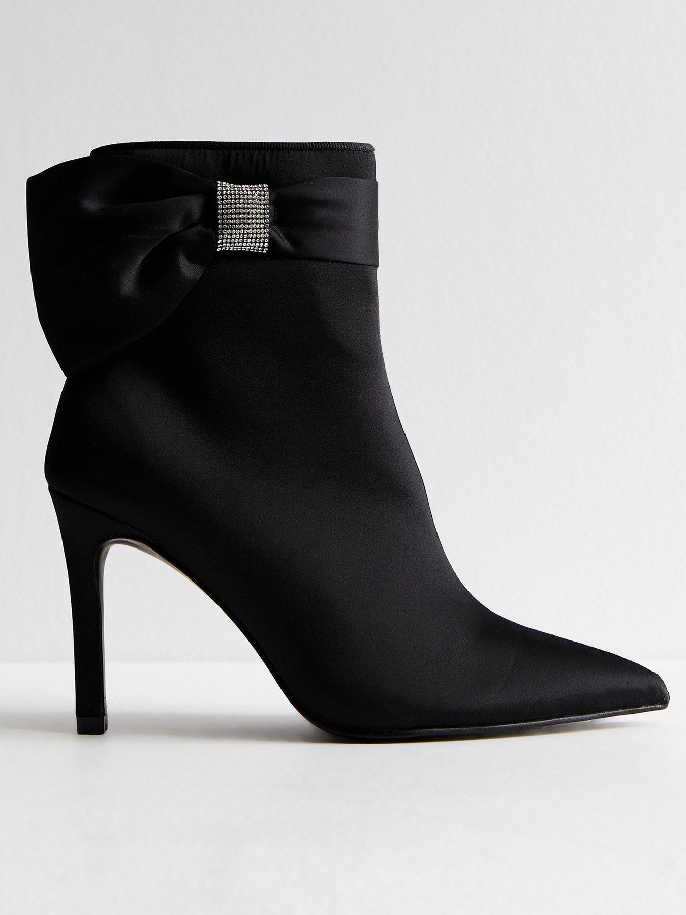 undefined Satin Bow Embellished Stiletto Heel Ankle Boots - Black