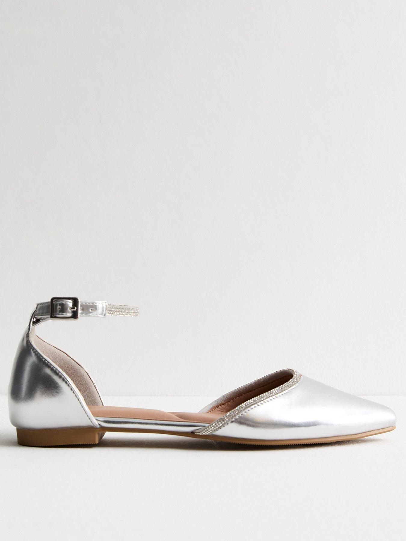 New Look Faux Leather Crystal Embellished Dorsay Flats - Silver
