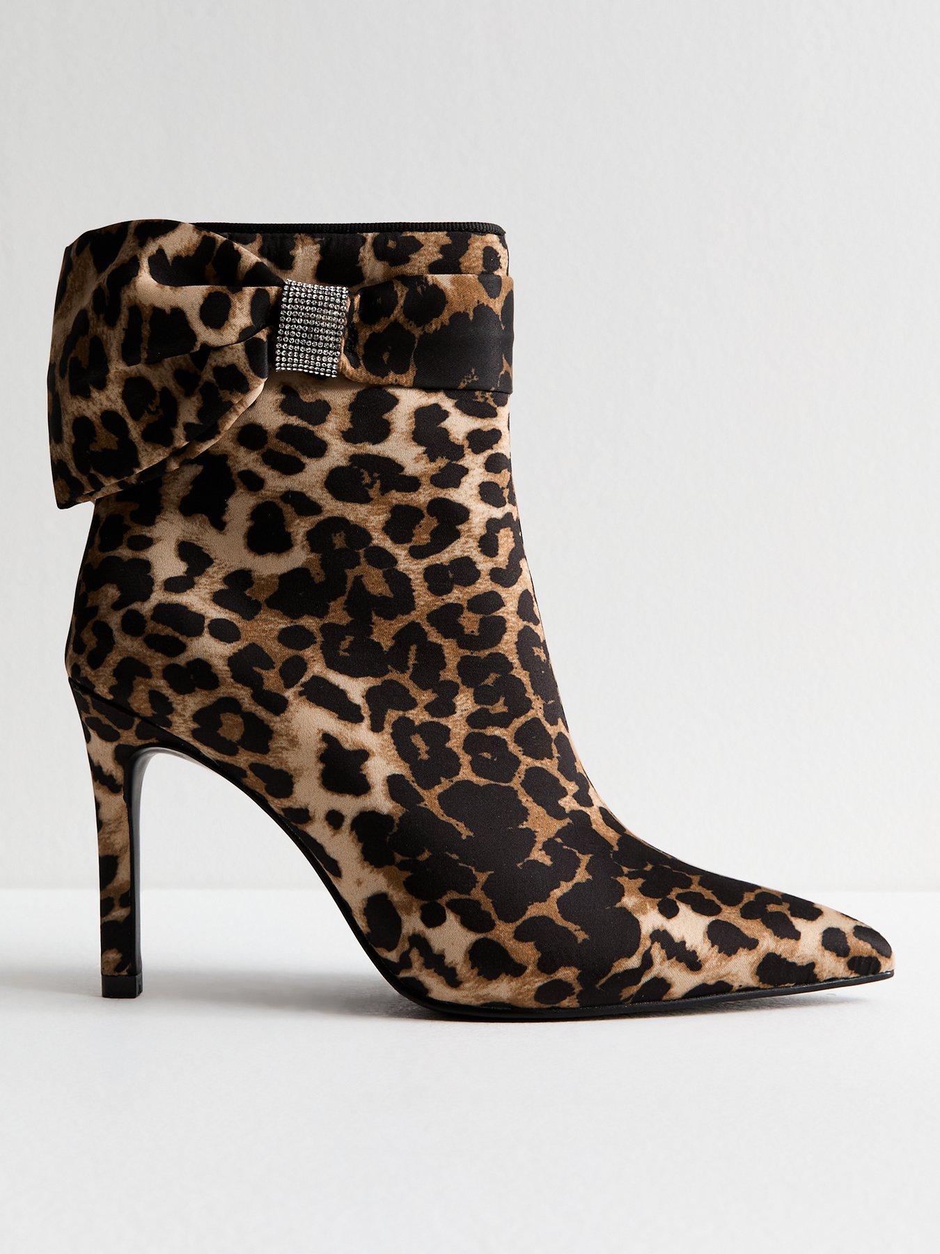 undefined Brown Leopard Satin Bow Embellished Stiletto Heel Ankle Boots - Print