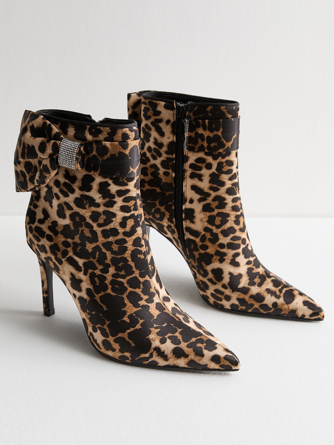  image of new-look-brown-leopard-satin-bow-embellished-stiletto-heel-ankle-boots-print