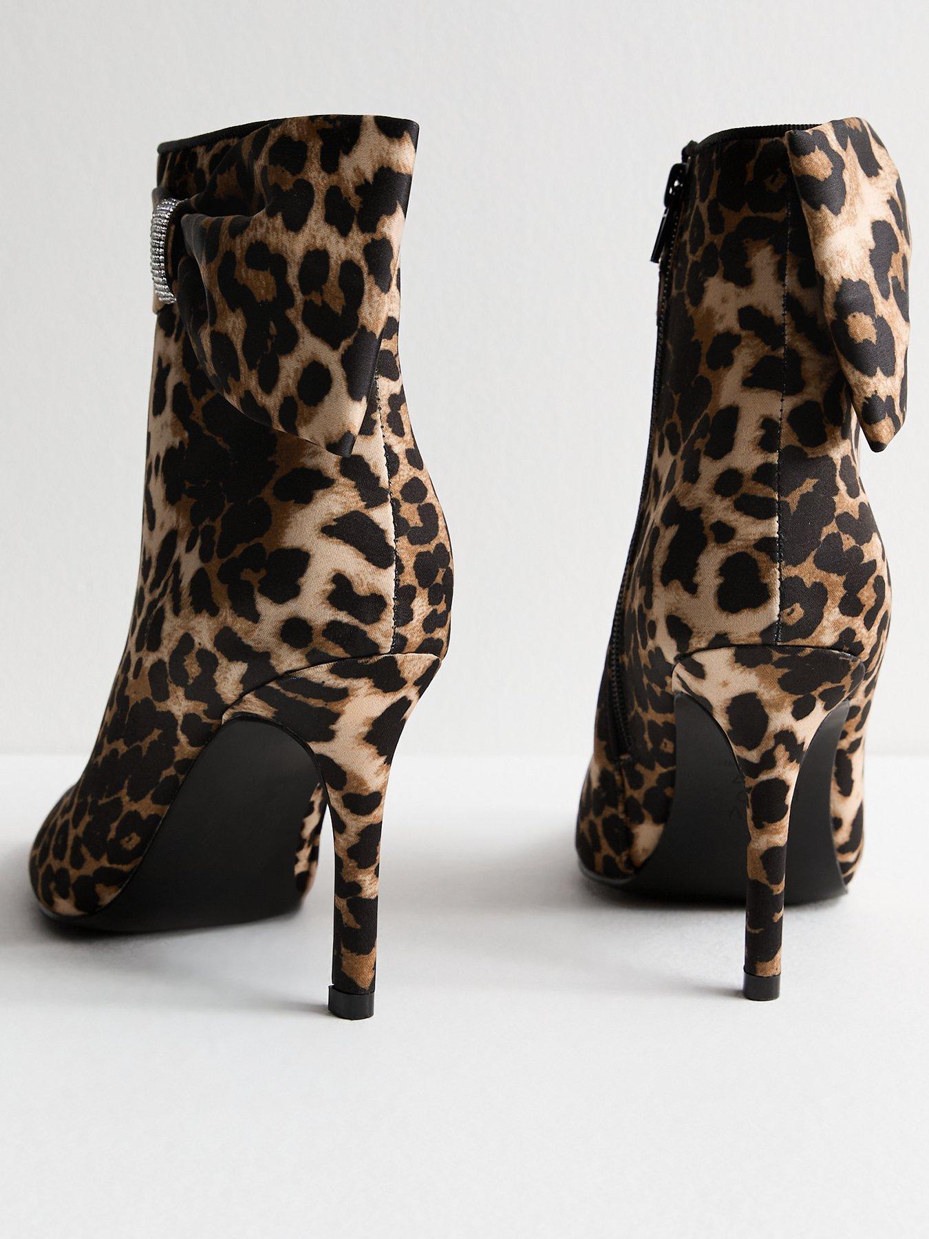  image of new-look-brown-leopard-satin-bow-embellished-stiletto-heel-ankle-boots-print