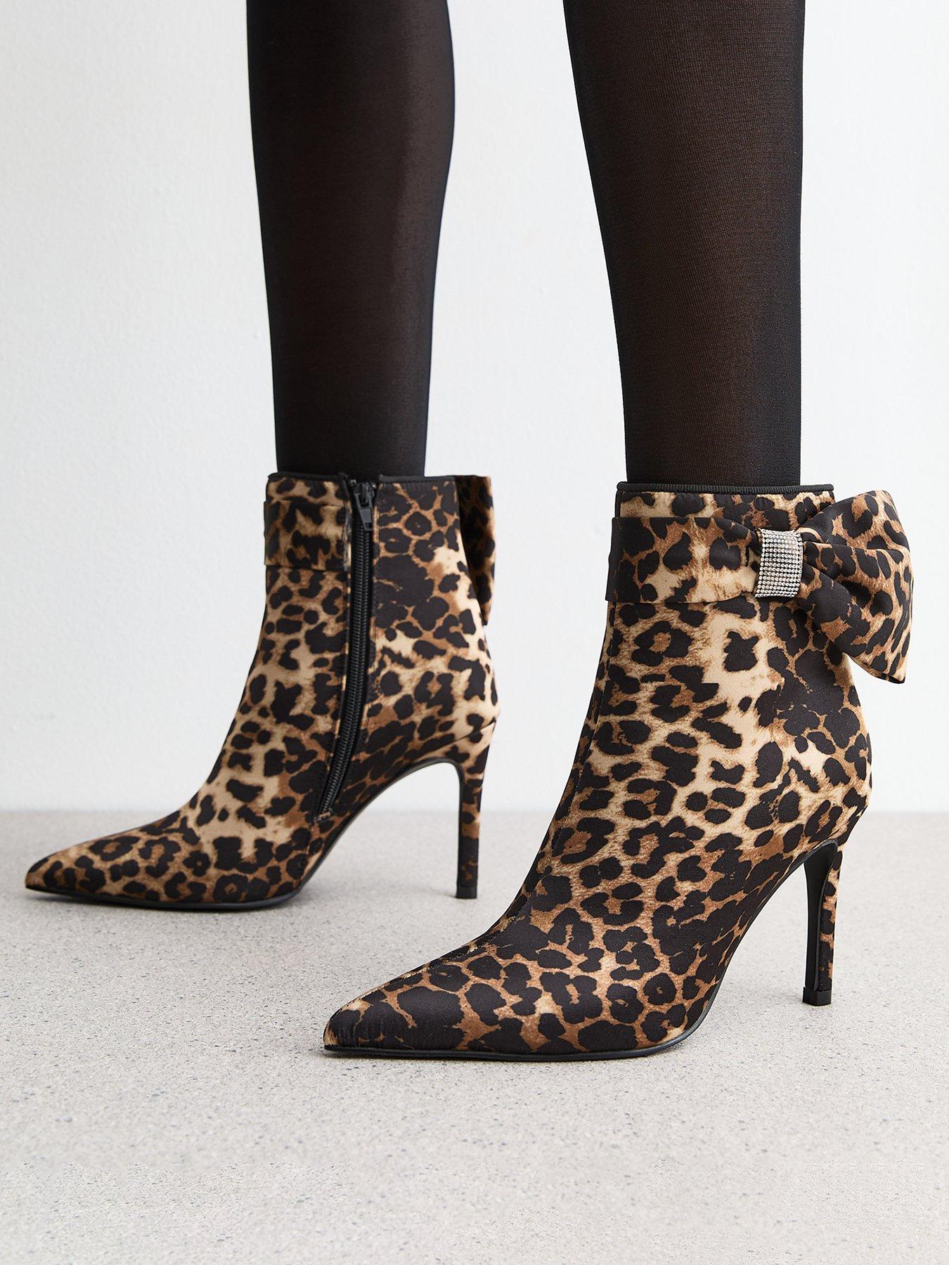  image of new-look-brown-leopard-satin-bow-embellished-stiletto-heel-ankle-boots-print
