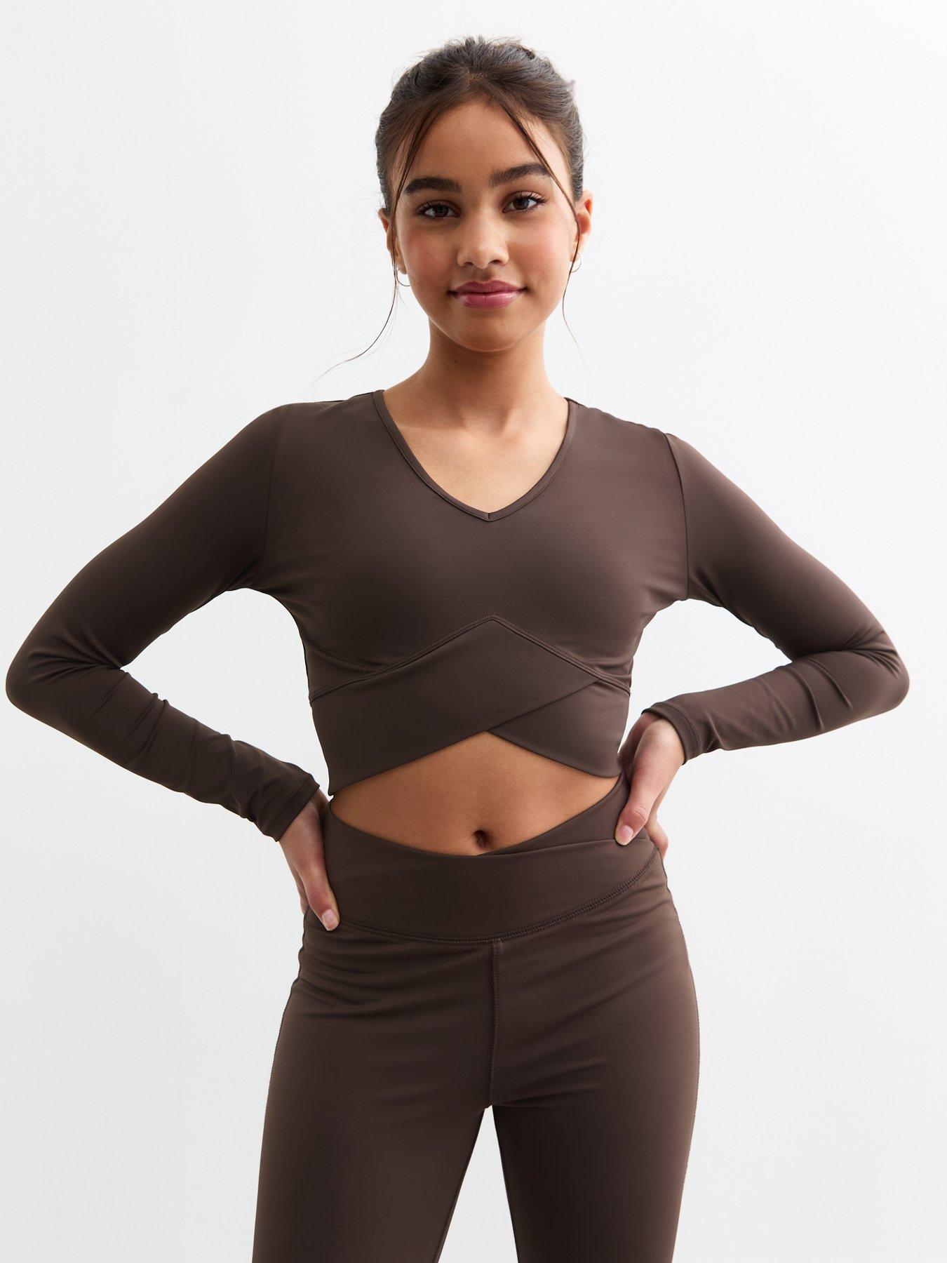 undefined Girls Asymmetric Hem Crop Top - Brown