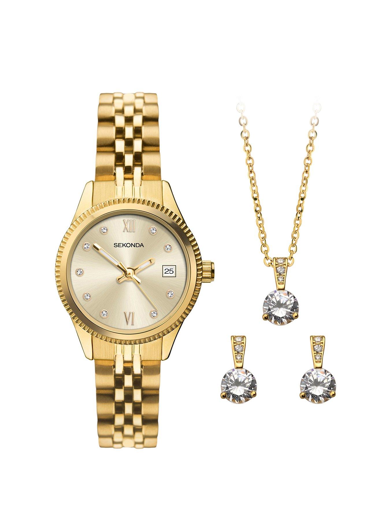  image of sekonda-womens-classic-gold-stainless-steel-bracelet-with-champagne-dial-analogue-gift-set