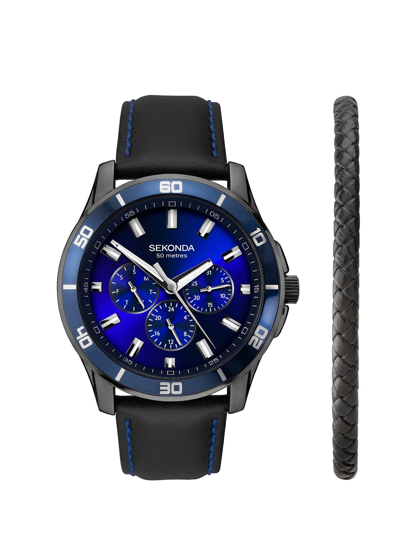undefined Mens Midnight Black Leather Bracelet with Sunray Dark Blue Dial Analogue Gift Set