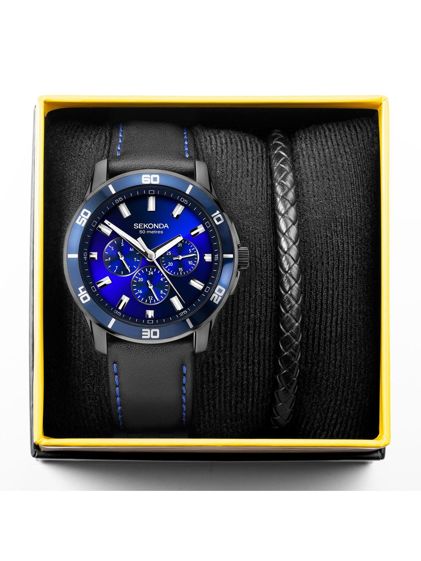  image of sekonda-mens-midnight-black-leather-bracelet-watchnbspwith-sunray-dark-blue-dial-analogue-gift-set