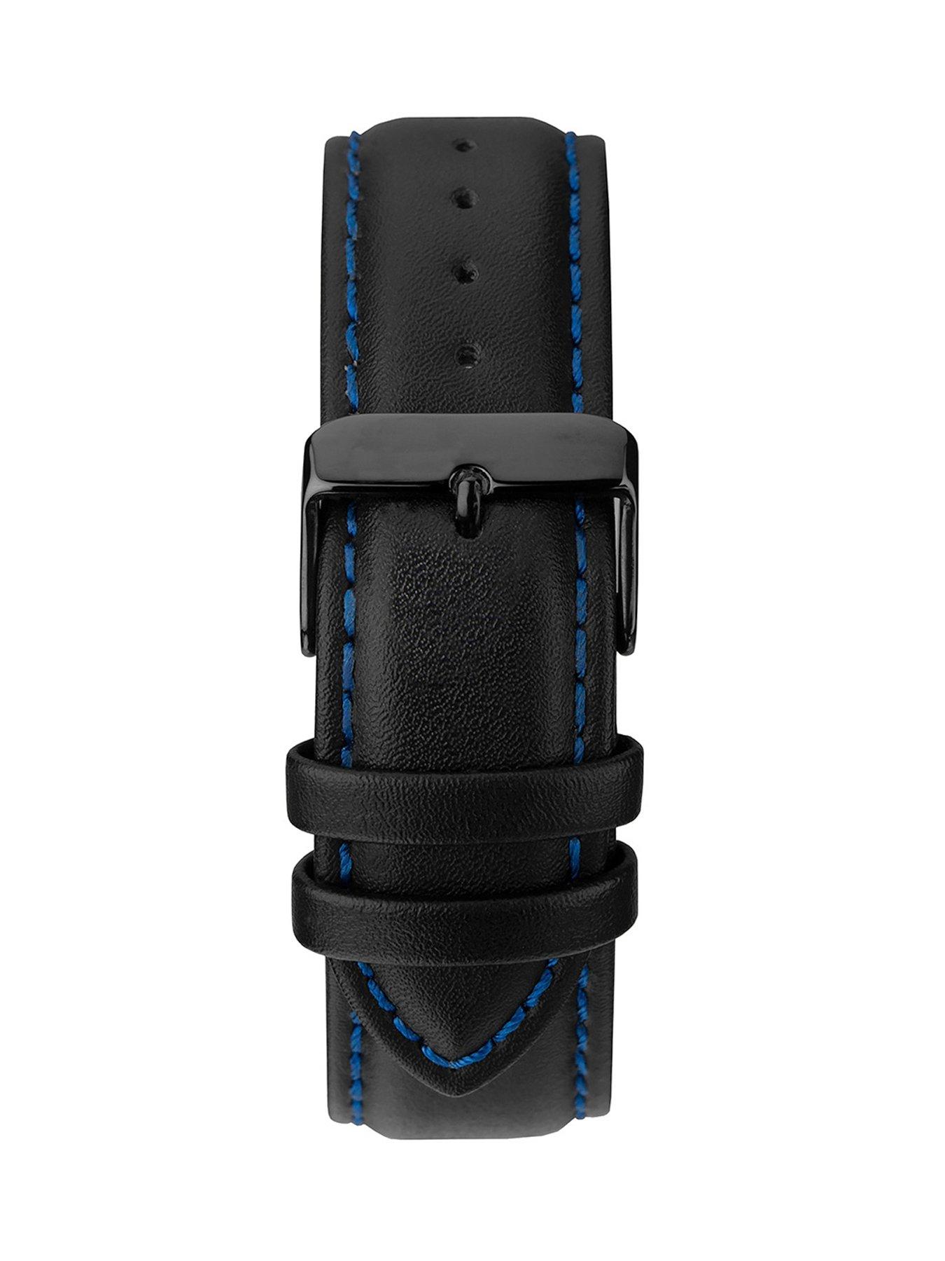  image of sekonda-mens-midnight-black-leather-bracelet-watchnbspwith-sunray-dark-blue-dial-analogue-gift-set