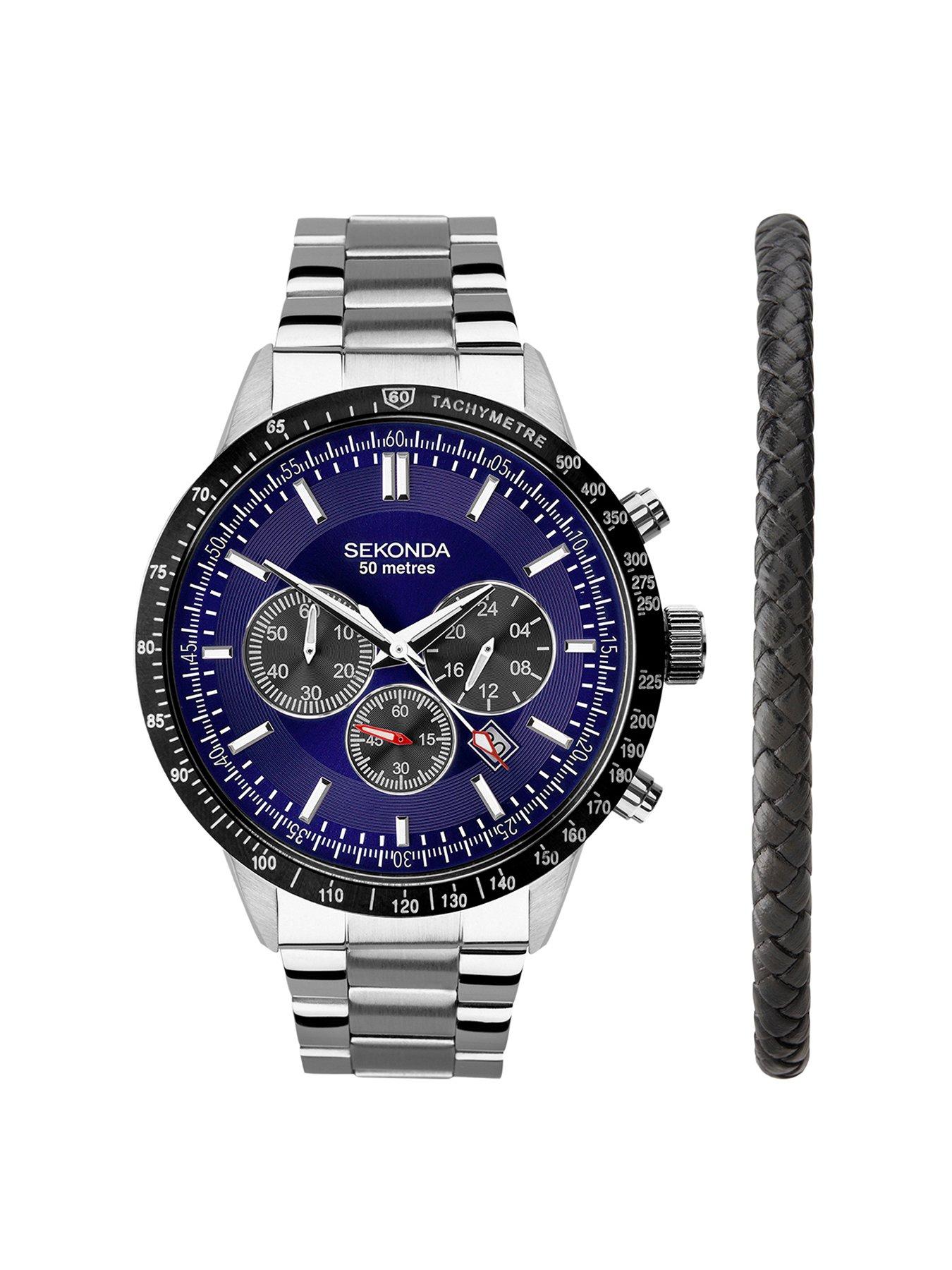 undefined Mens Velocity Silver Stainless Steel Bracelet with Blue Dial Chronograph Gift Set