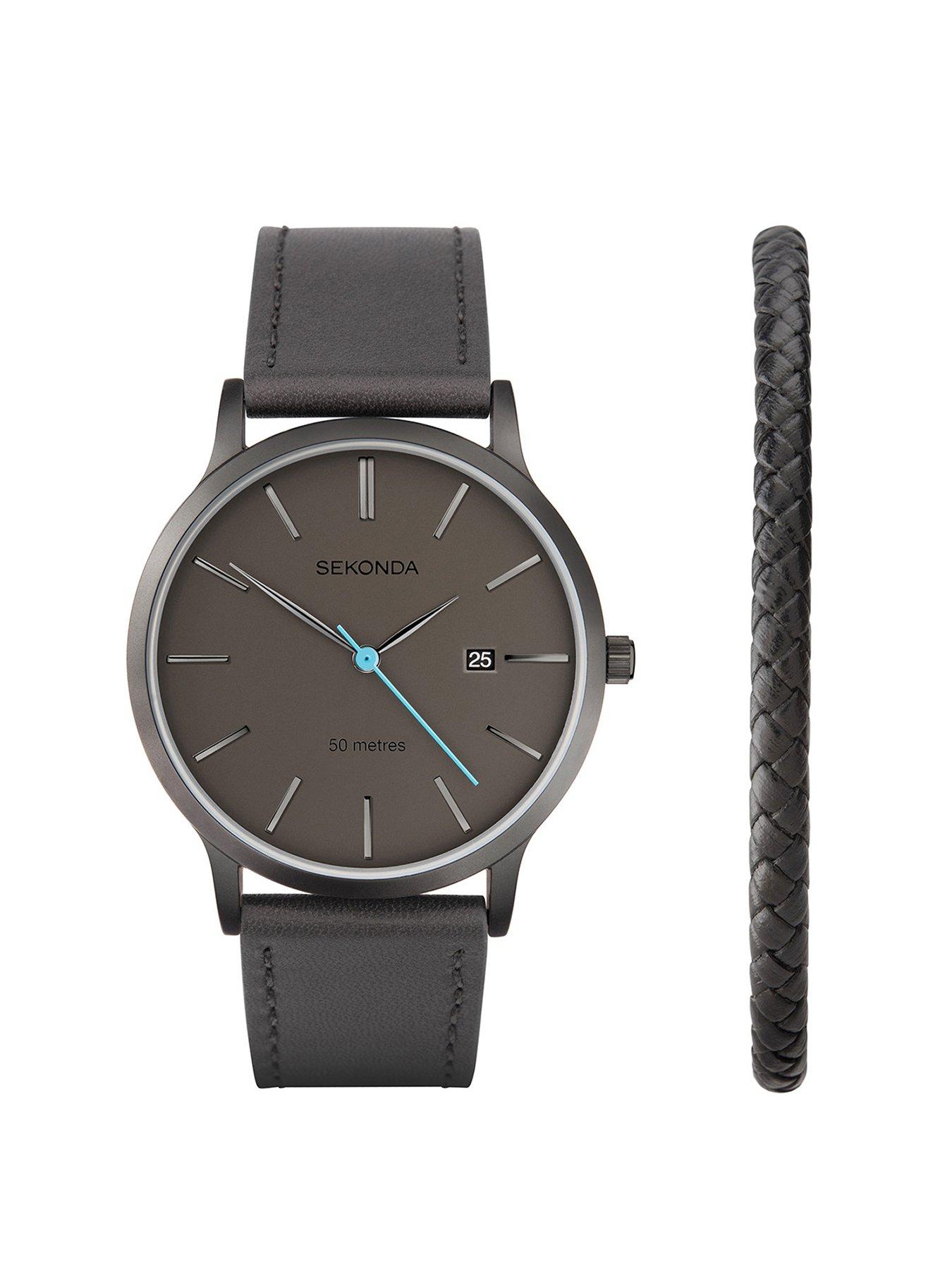 Image 1 of 6 of Sekonda Mens Leather Bracelet Watch With Dial Analogue Gift Set - Dark Grey