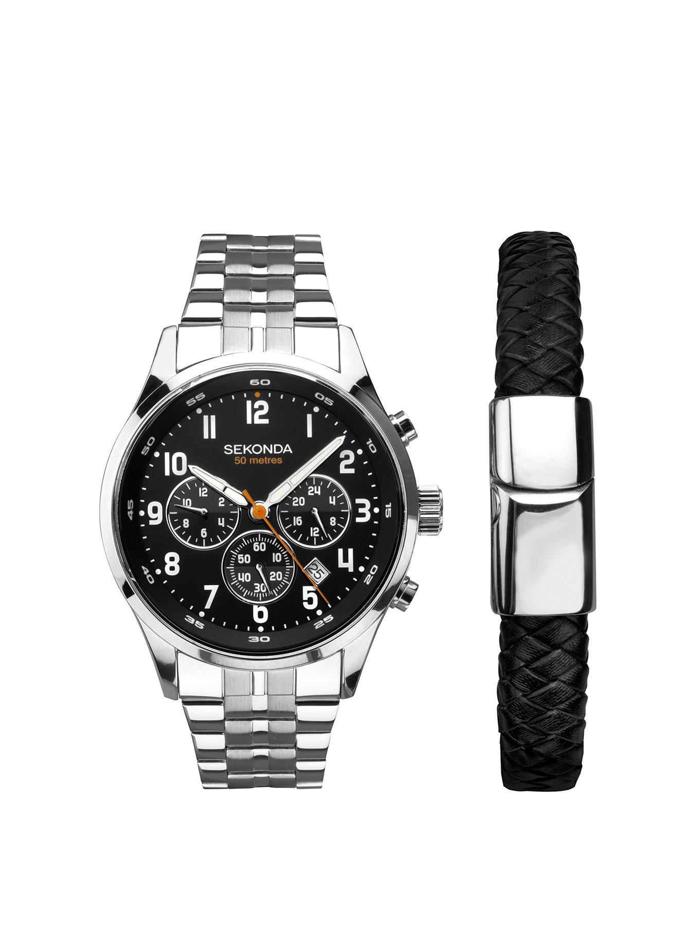 Sekonda Sport Gift Set Men s 44mm Chronograph Watch with Black Dial Two Tone Stainless Steel Bracelet and Black Leather Braided Bracelet littlewoods