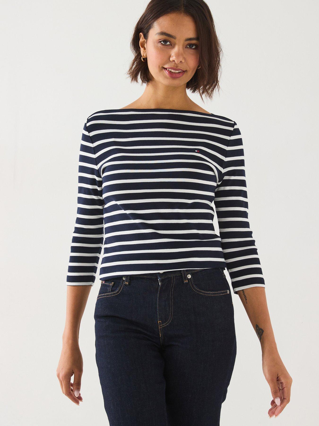 Image 1 of 5 of Tommy Hilfiger Slim Ree-quarter Sleeve Boat Neck T-shirt - Navy Blue