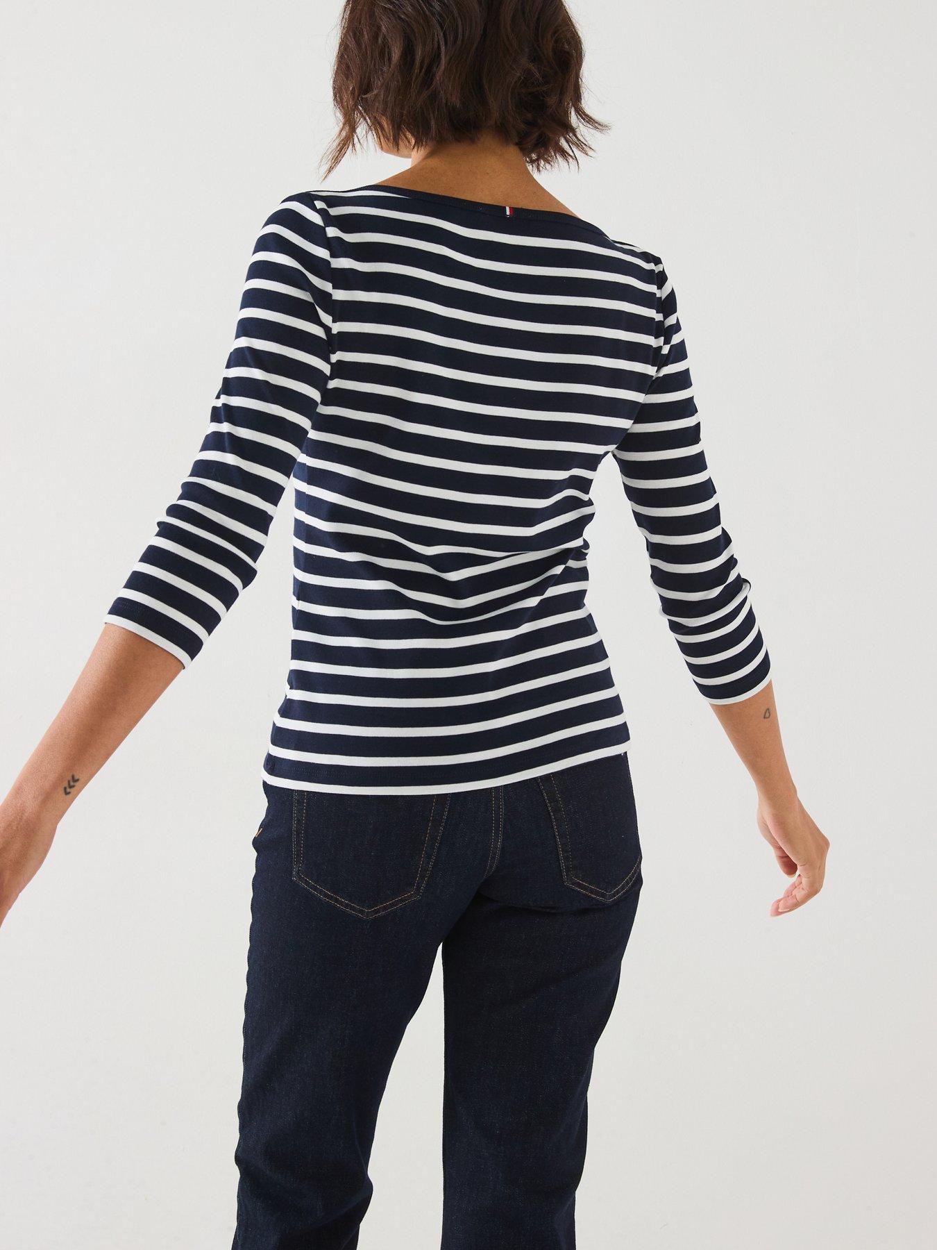 Image 2 of 5 of Tommy Hilfiger Slim Ree-quarter Sleeve Boat Neck T-shirt - Navy Blue