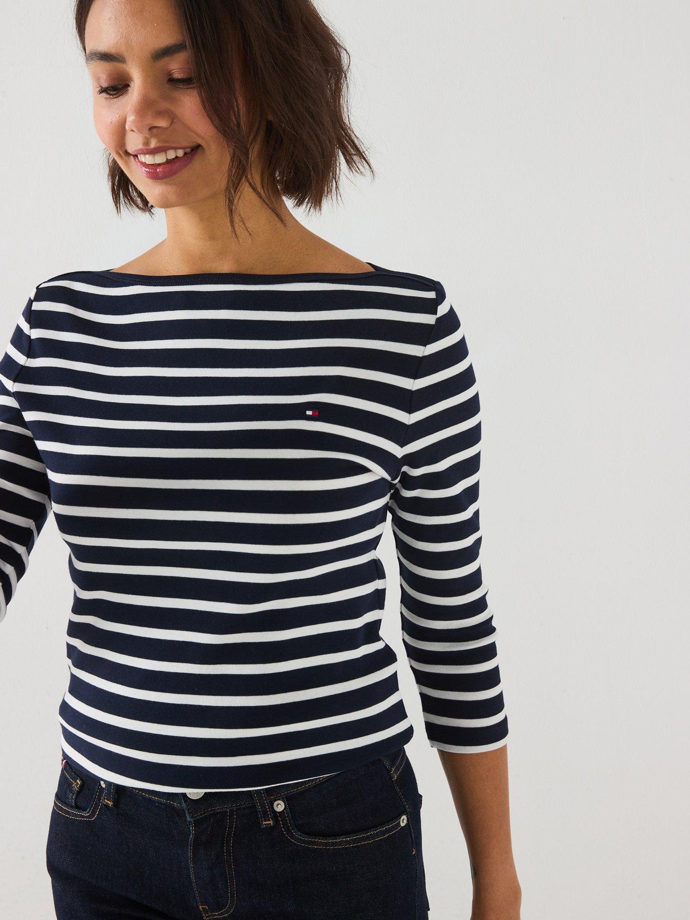 Image 4 of 5 of Tommy Hilfiger Slim Ree-quarter Sleeve Boat Neck T-shirt - Navy Blue