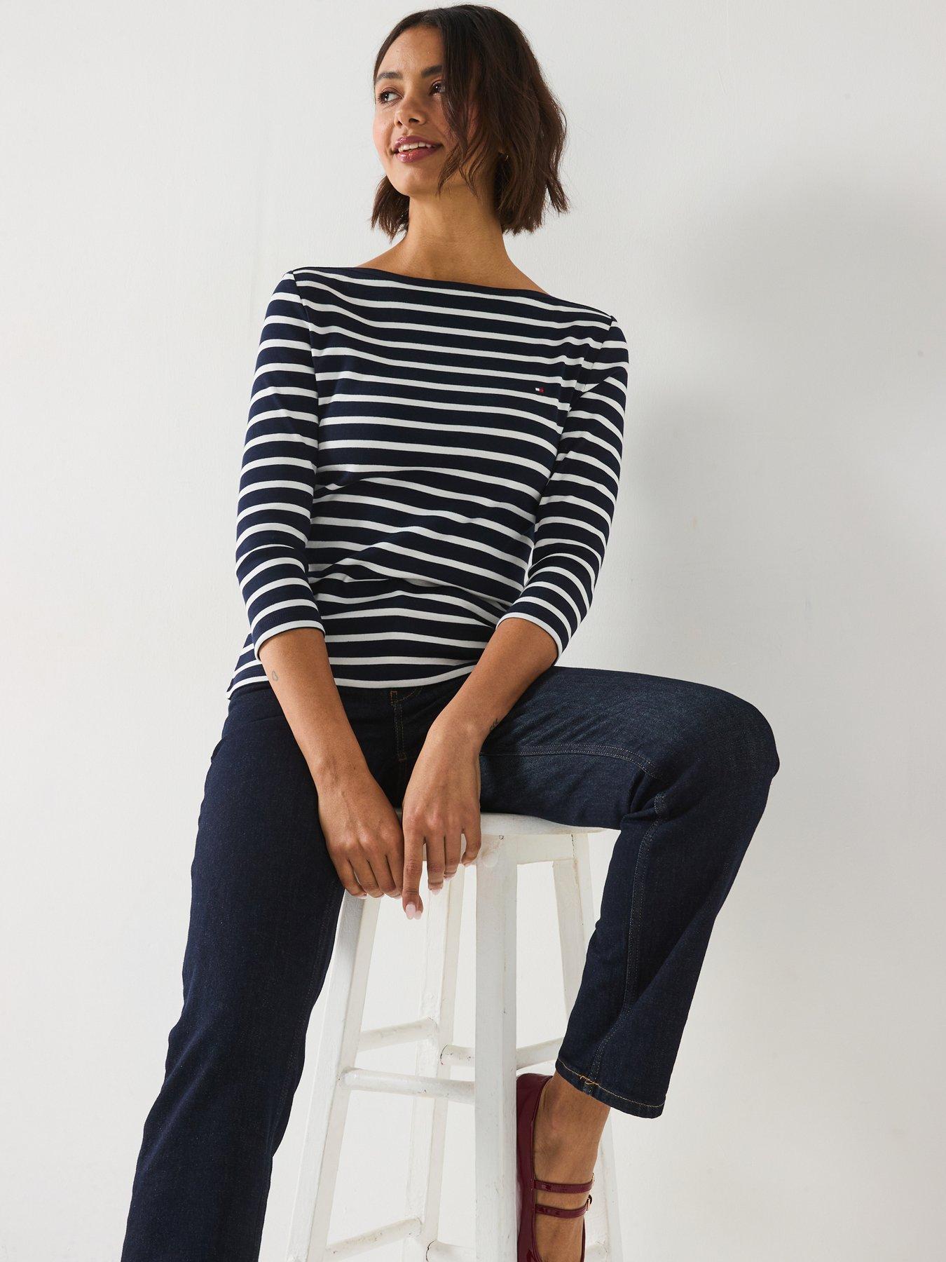 Image 5 of 5 of Tommy Hilfiger Slim Ree-quarter Sleeve Boat Neck T-shirt - Navy Blue