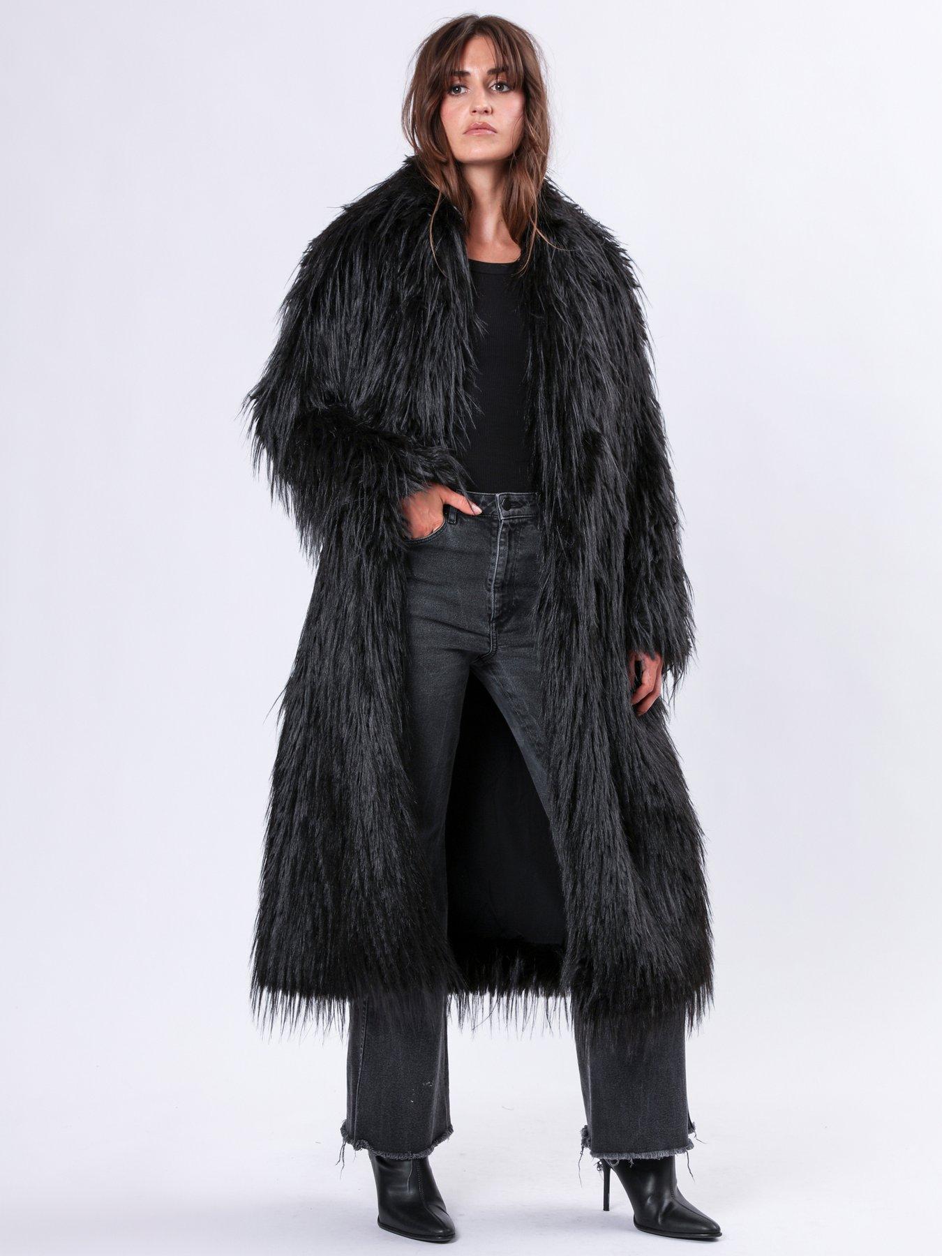 Religion Long Hair Faux Fur Coat - Black