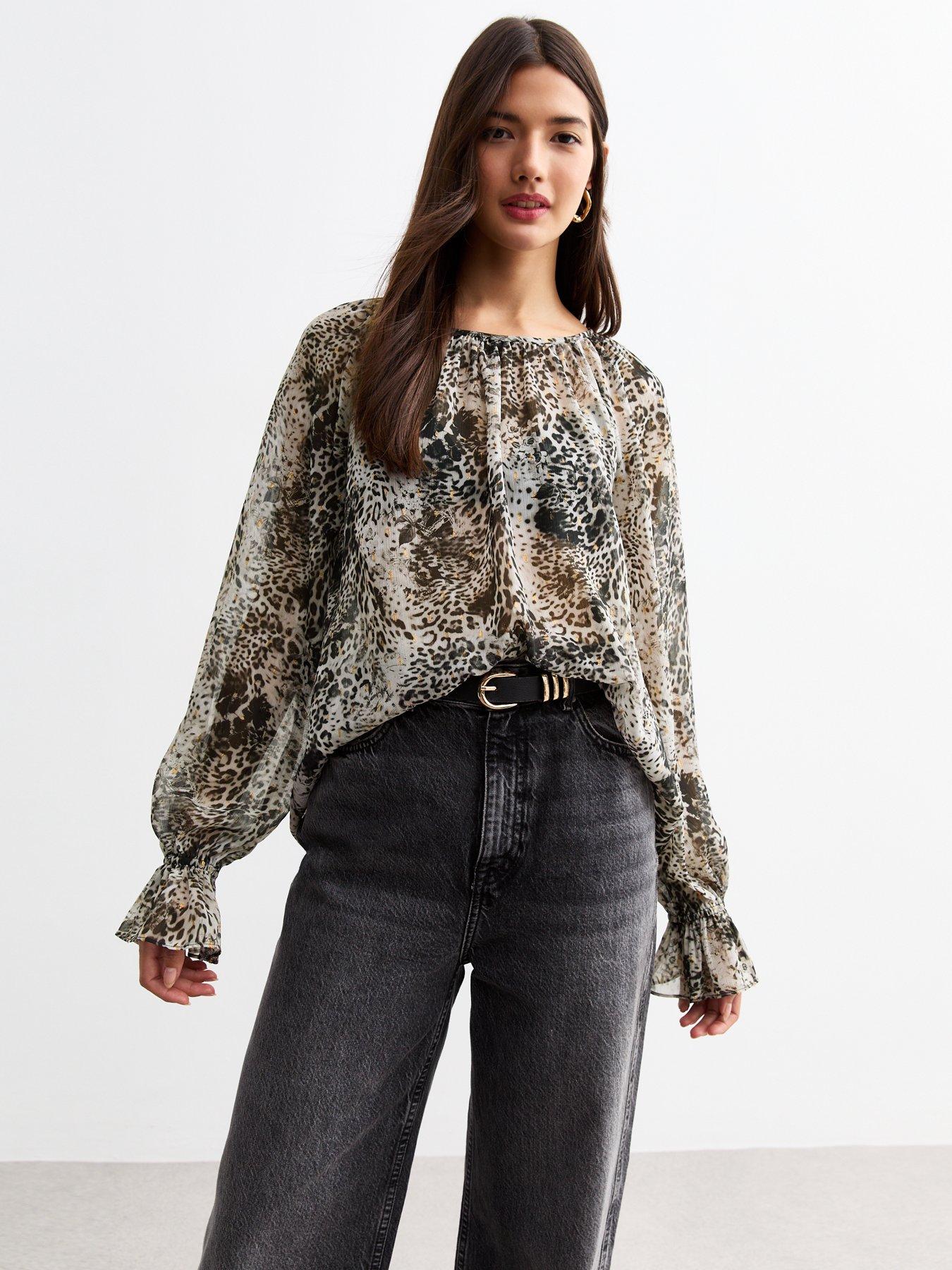 undefined Leopard Print Chiffon Top - Black