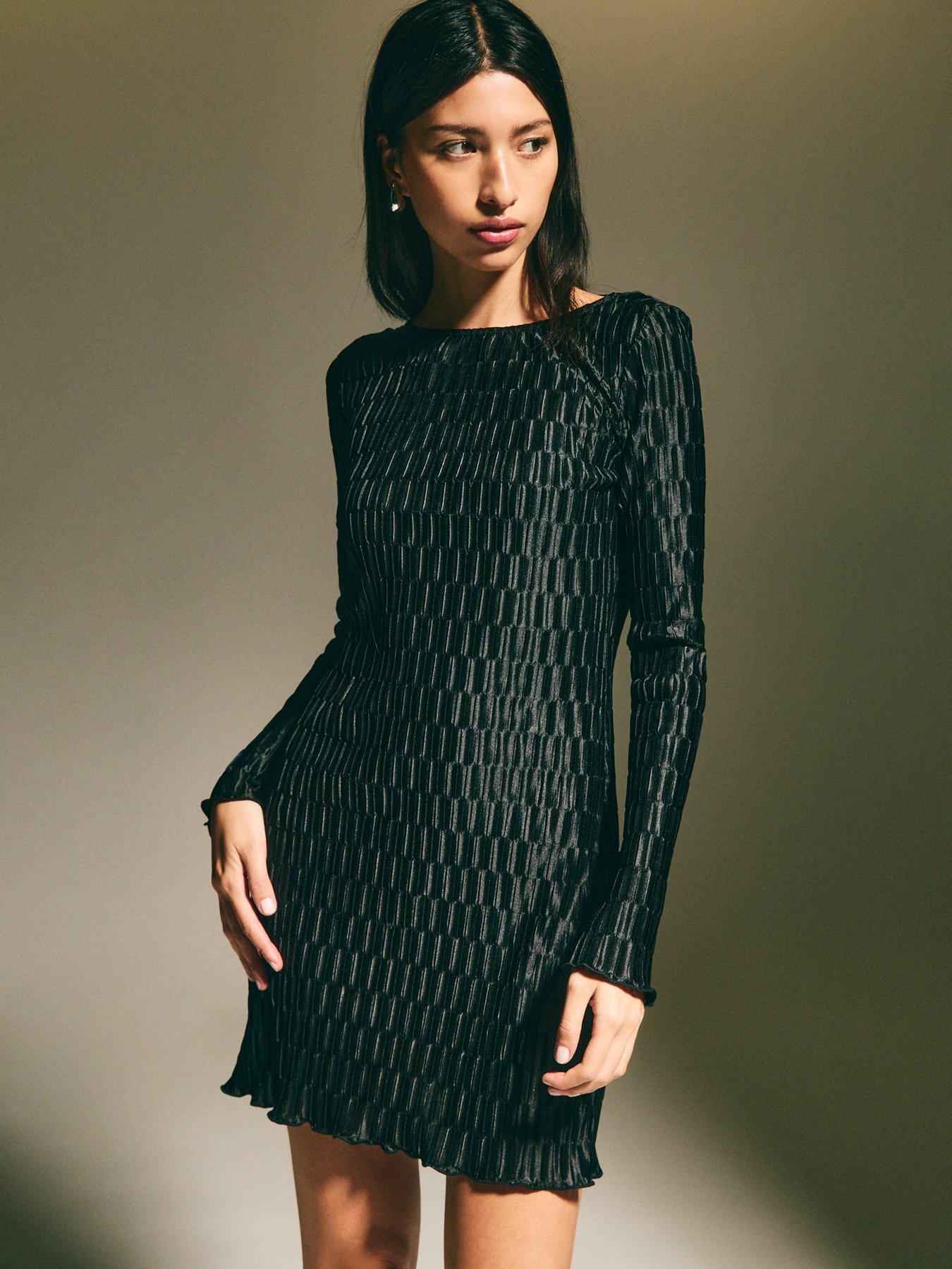 Image 1 of 4 of New Look Plisse Long Sleeve Mini Dress - Black