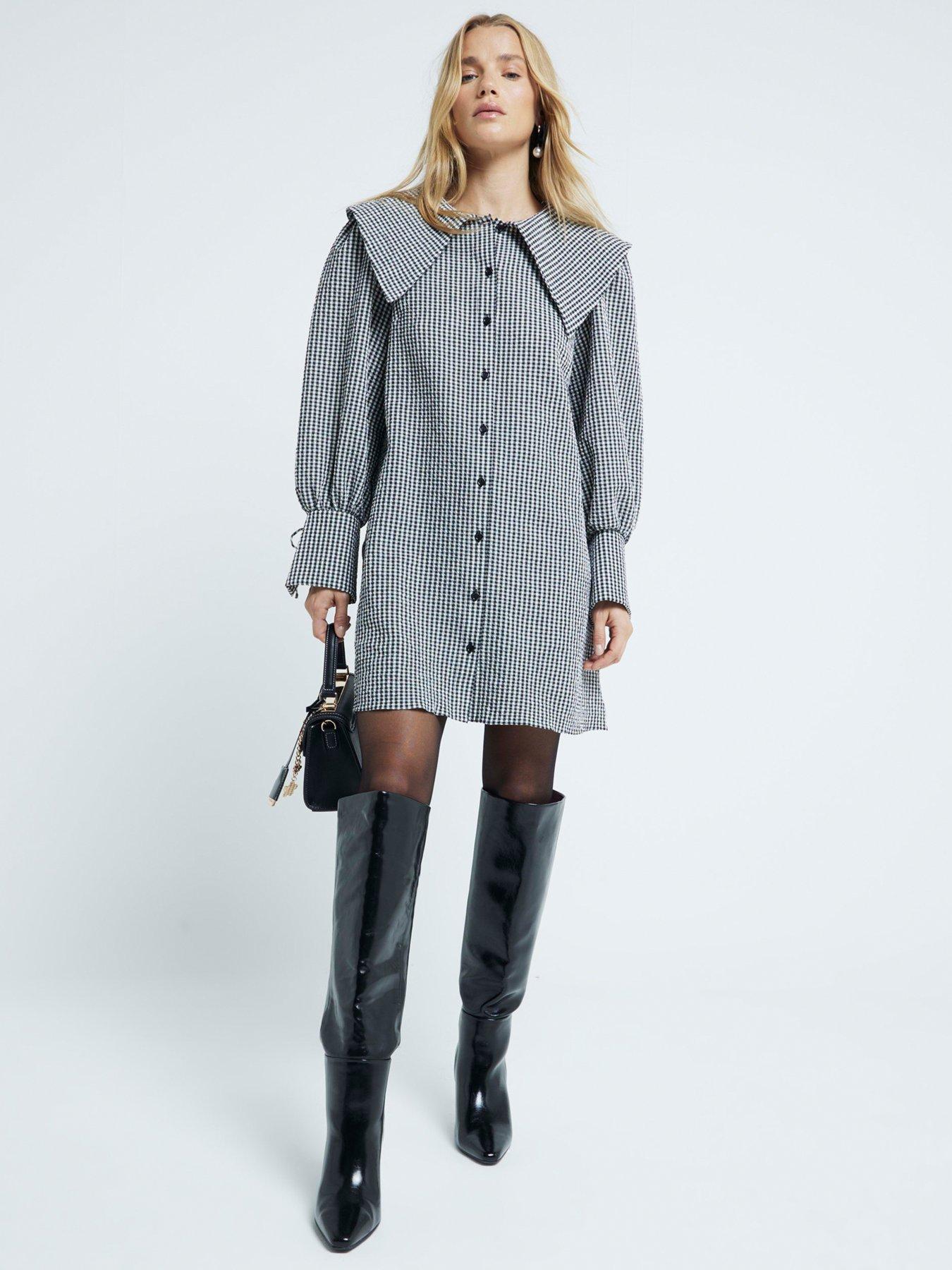 River Island Large Collar Mini Shirt Dress Black Littlewoods - Main Image