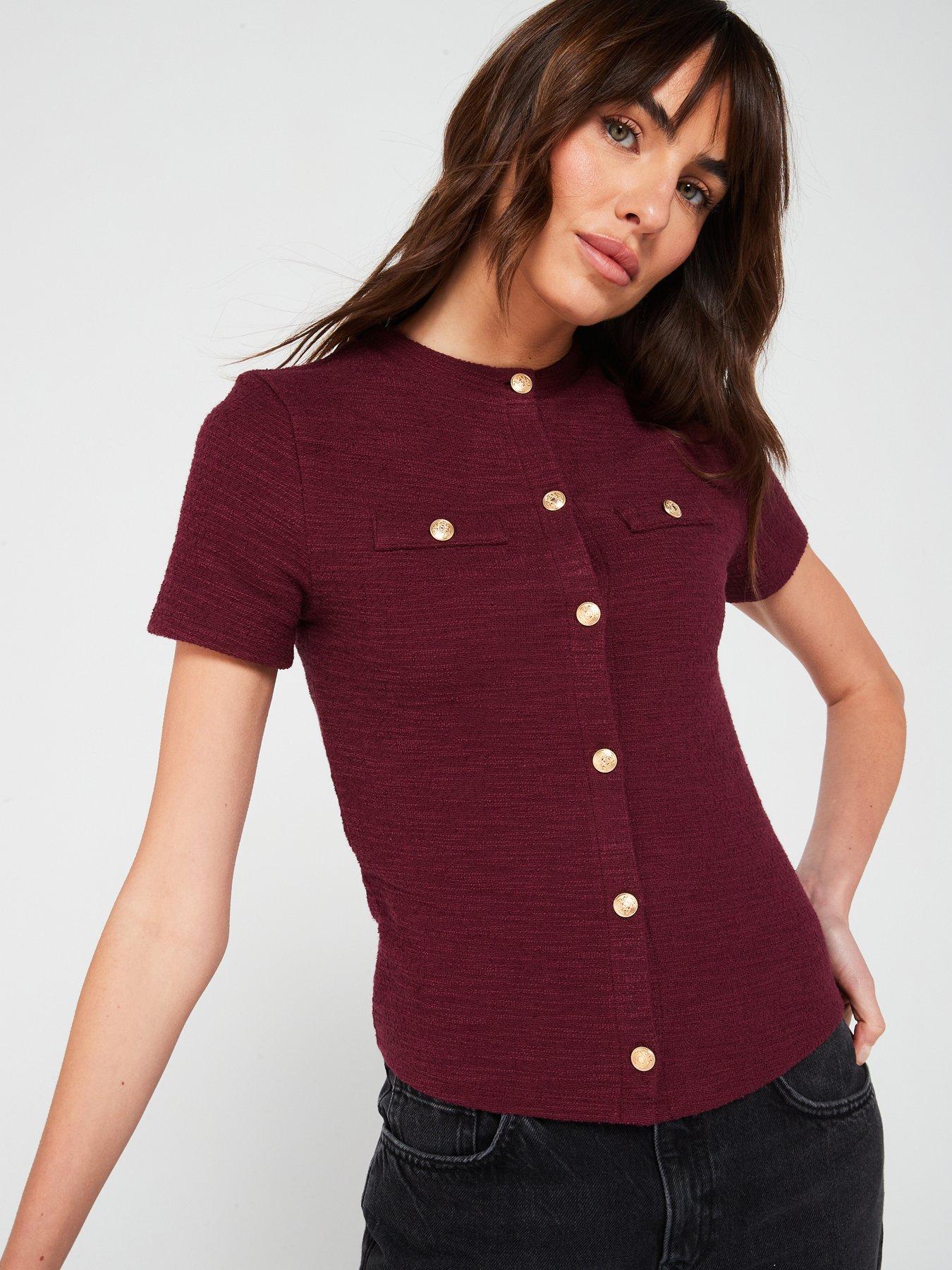 undefined Boucle Short Sleeve Cardigan Top - Burgundy