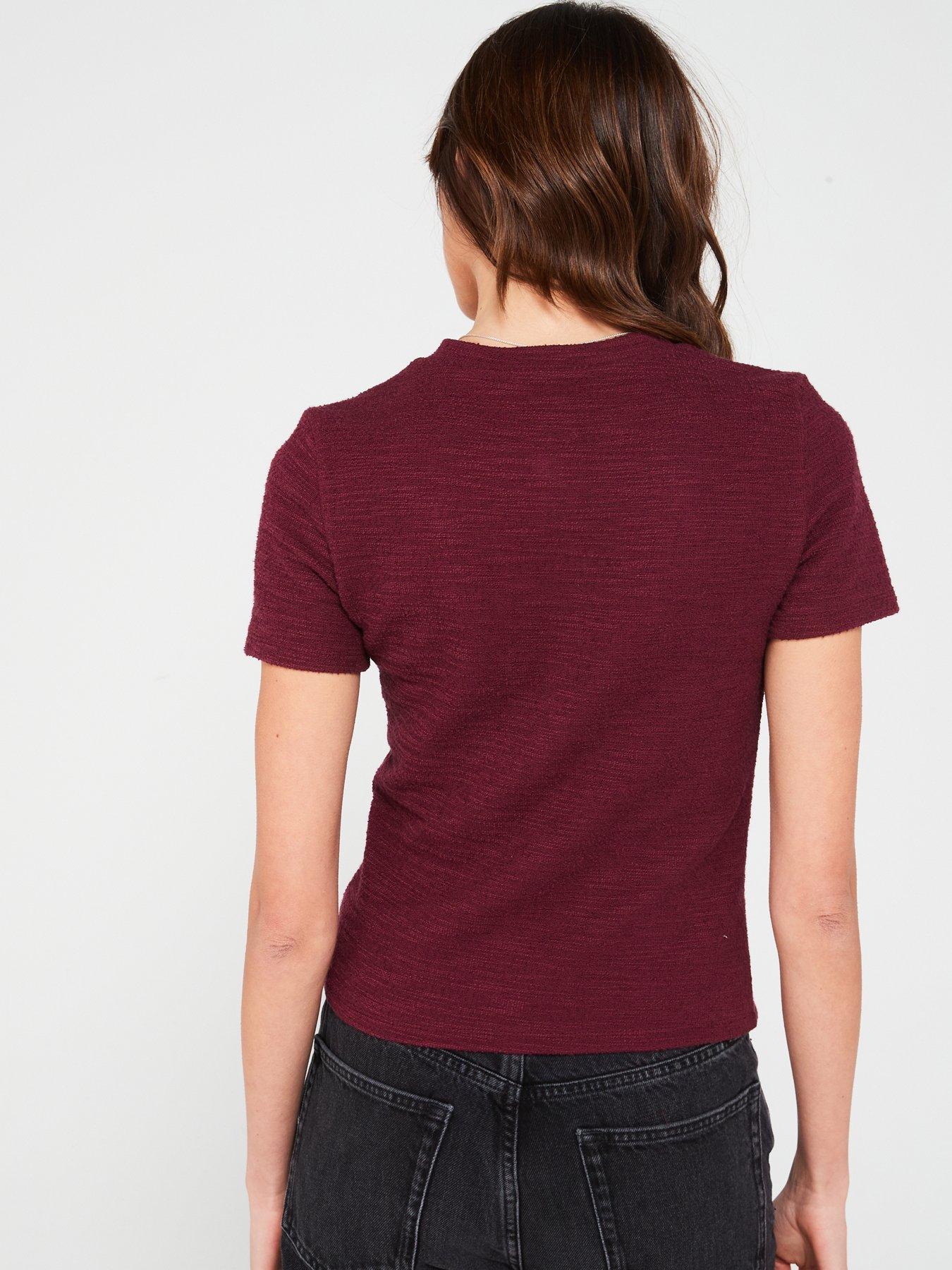  image of v-by-very-boucle-short-sleeve-cardigan-top-burgundy