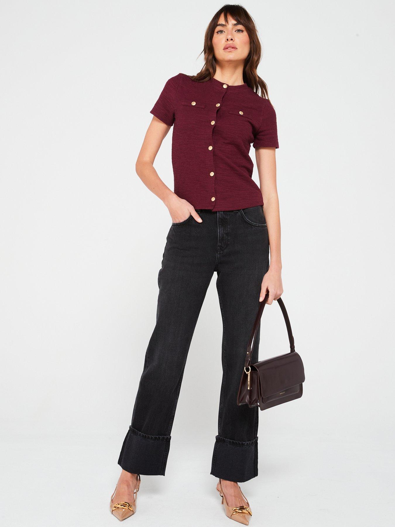  image of v-by-very-boucle-short-sleeve-cardigan-top-burgundy