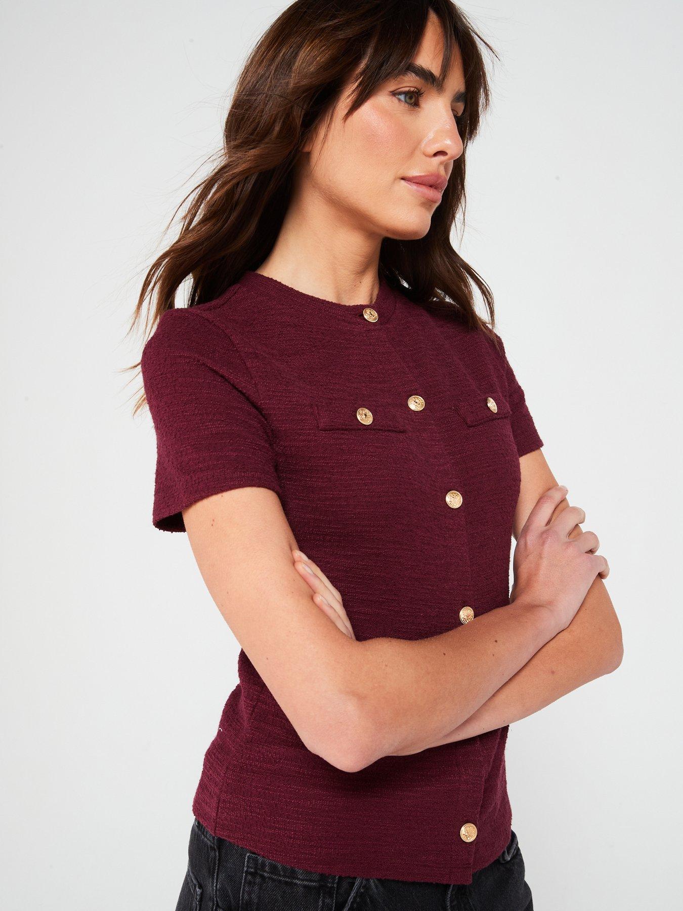  image of v-by-very-boucle-short-sleeve-cardigan-top-burgundy
