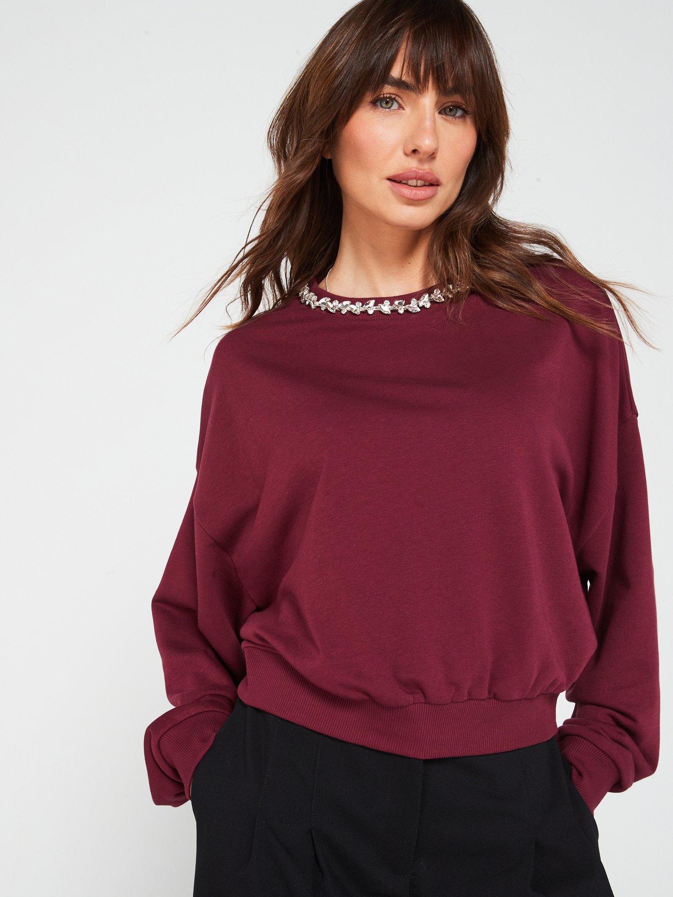 undefined Oversized Diamonte Trim Sweatshirt - Burgundy
