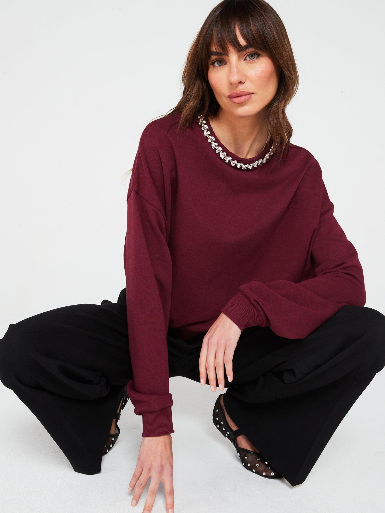  image of v-by-very-oversized-diamonte-trim-sweatshirt-burgundy