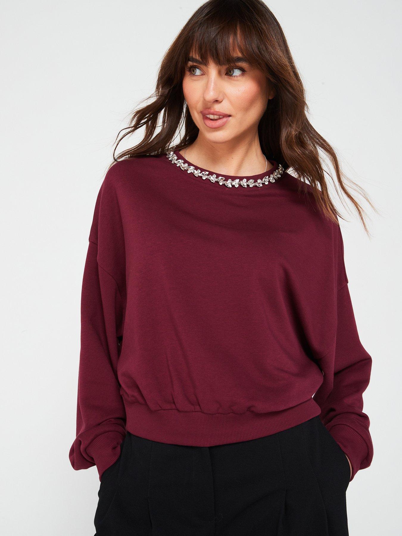 image of v-by-very-oversized-diamonte-trim-sweatshirt-burgundy