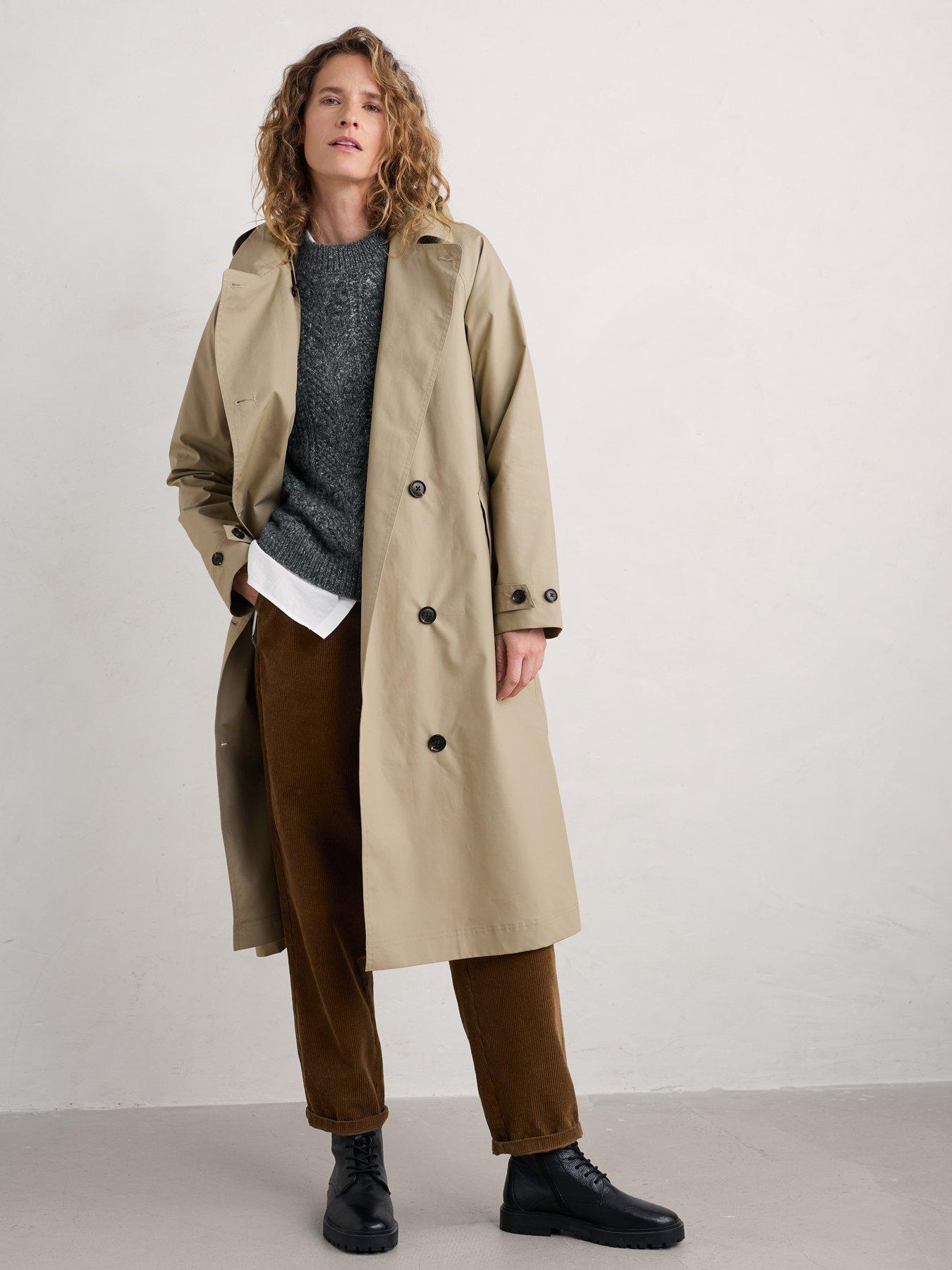  image of seasalt-cornwall-double-breasted-hooded-trench-coat-cream-beige
