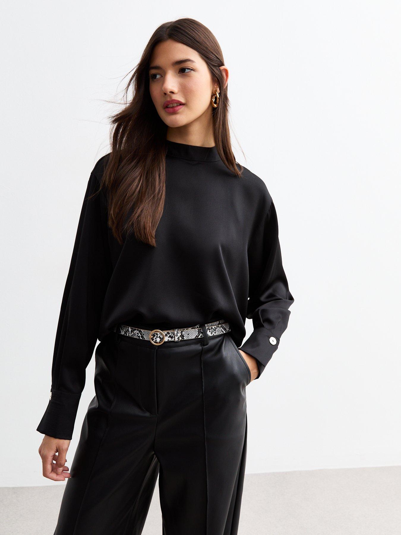 undefined High Neck Satin Top - Black
