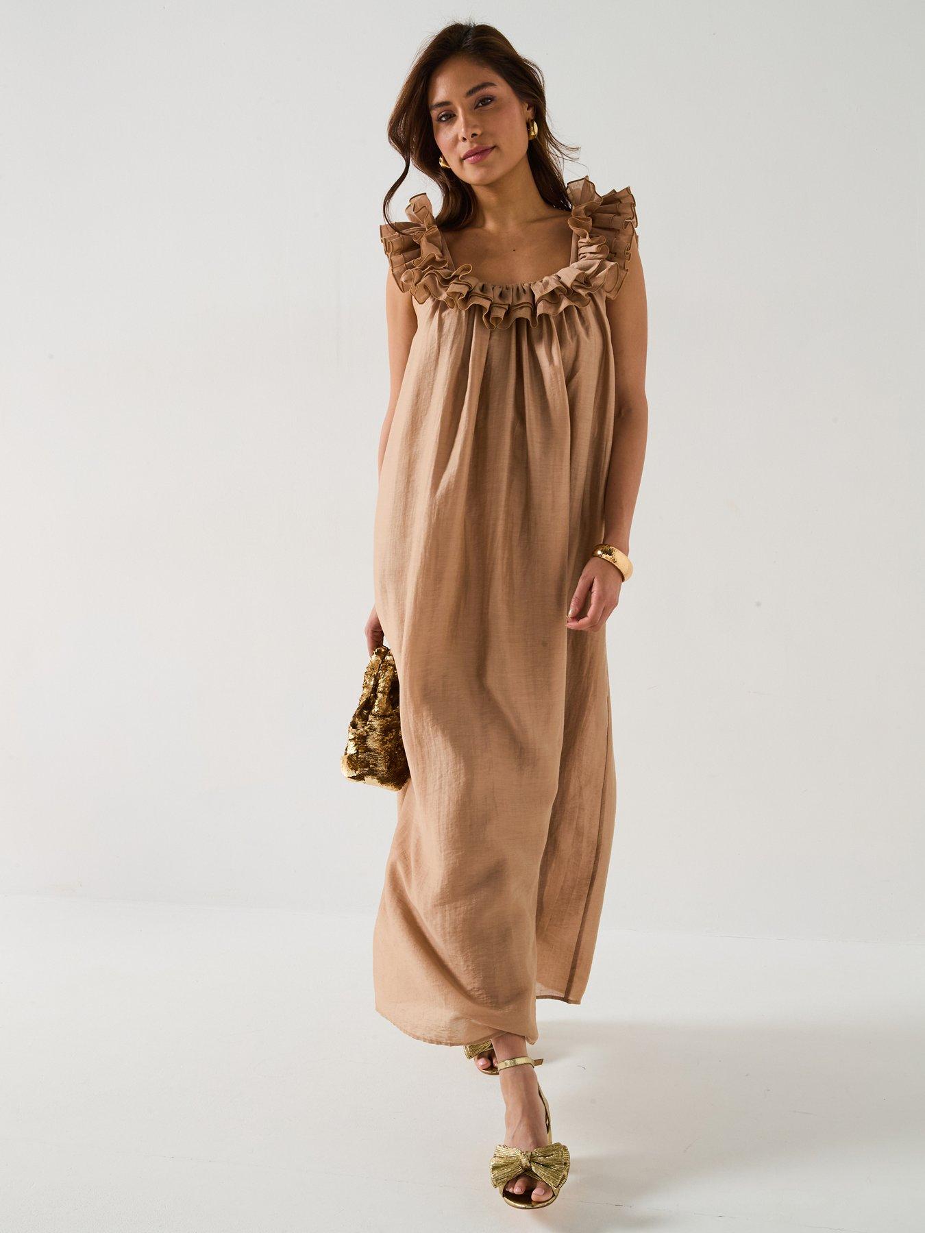 undefined Ruffle Square Neck Trapeze Dress - Beige