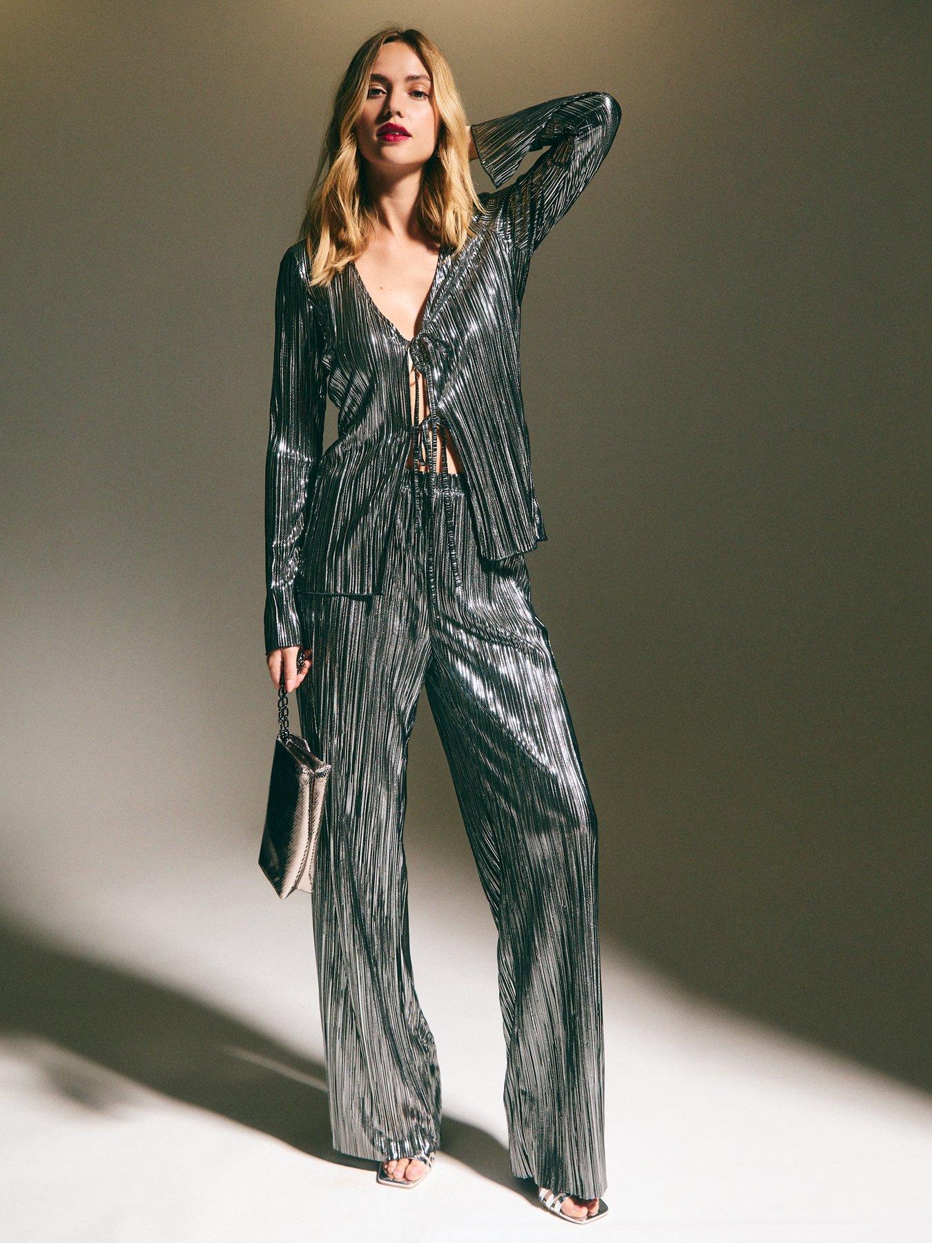 undefined Metallic Plisse Wide Leg Trousers - Silver