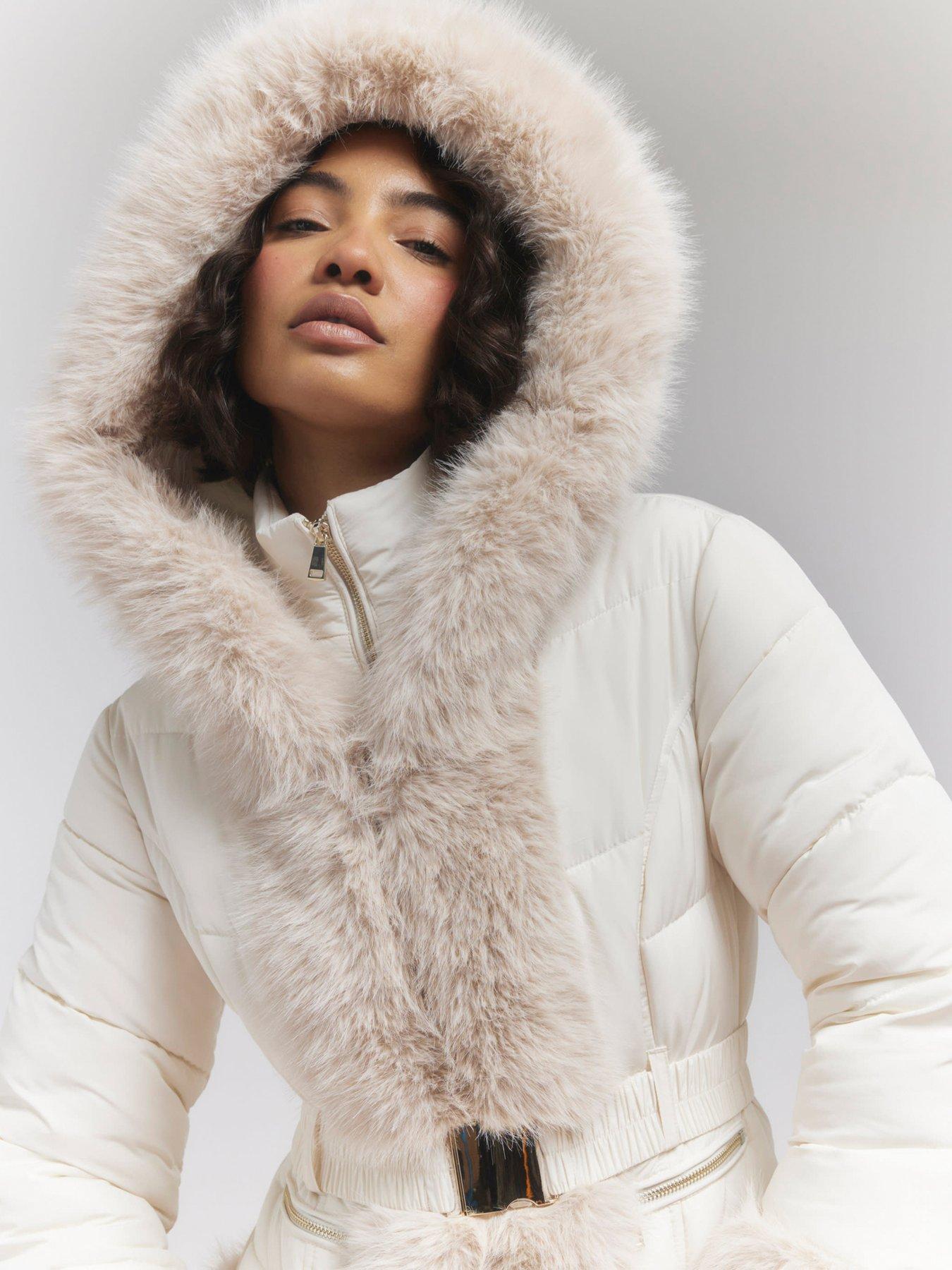 River Island Faux Fur Ski Bunny Jacket Cream Littlewoods