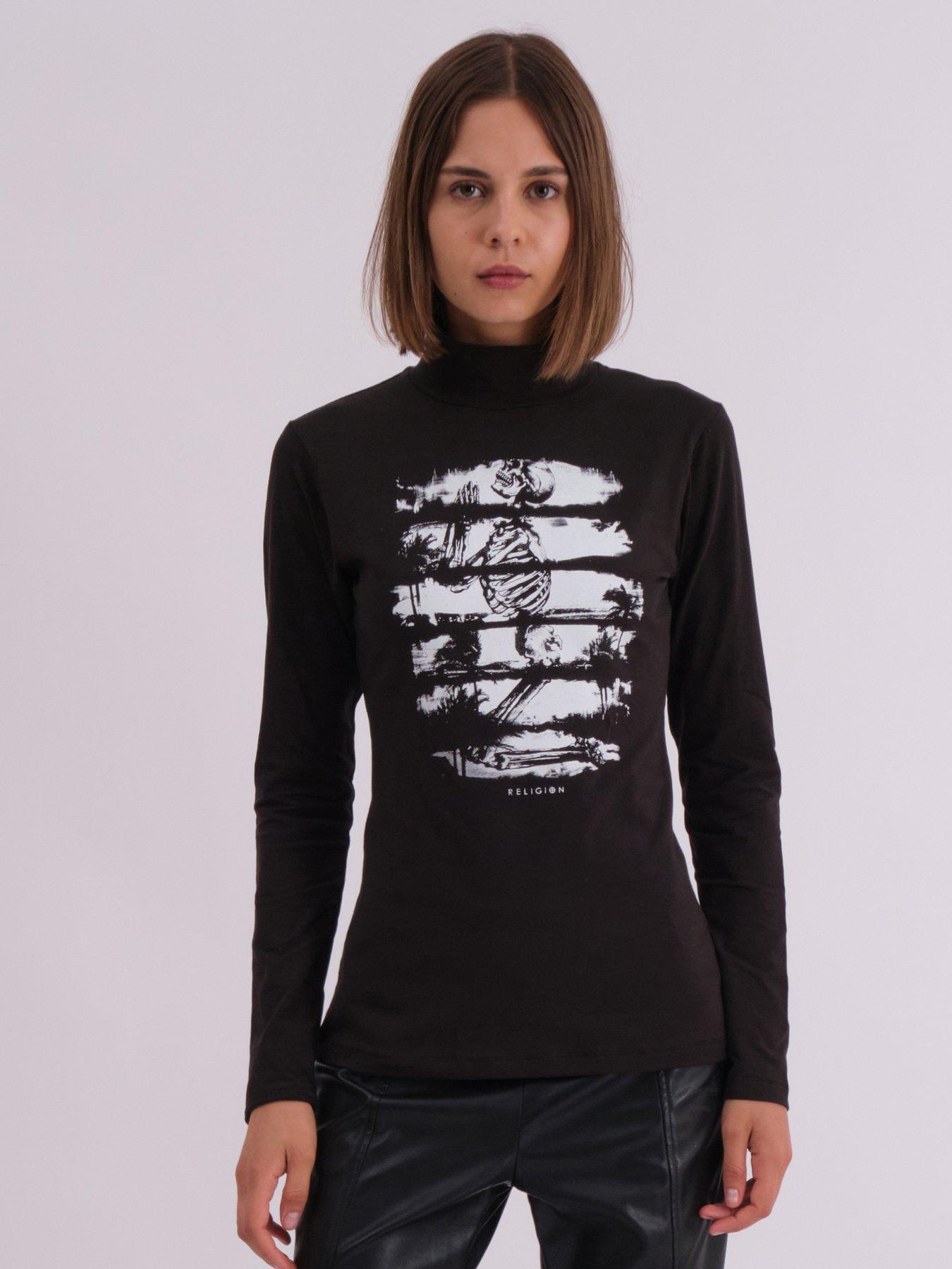 undefined Skeleton Printed Edge Roll Neck Top - Black