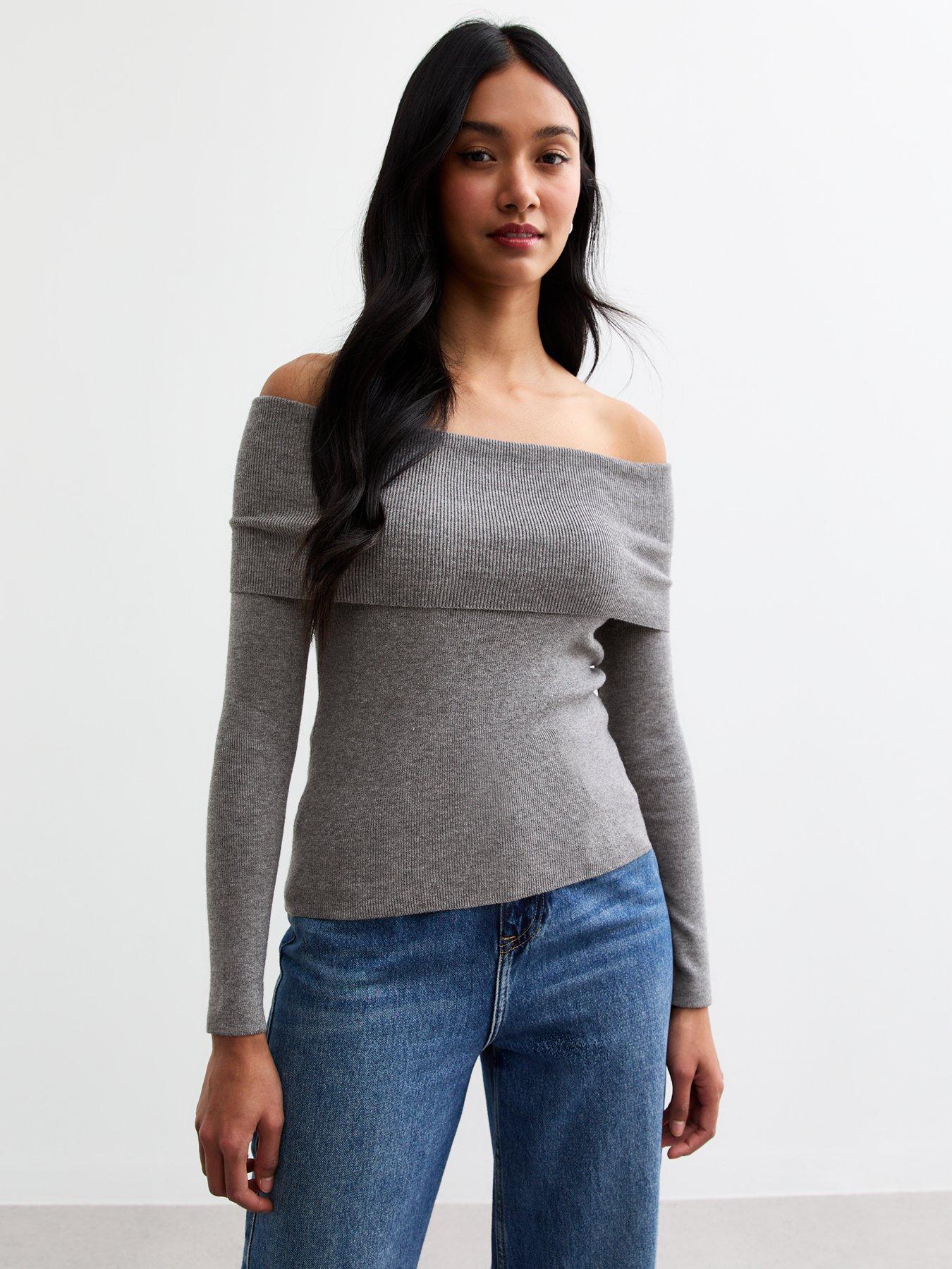 undefined Ribbed Knit Bardot Top - Grey