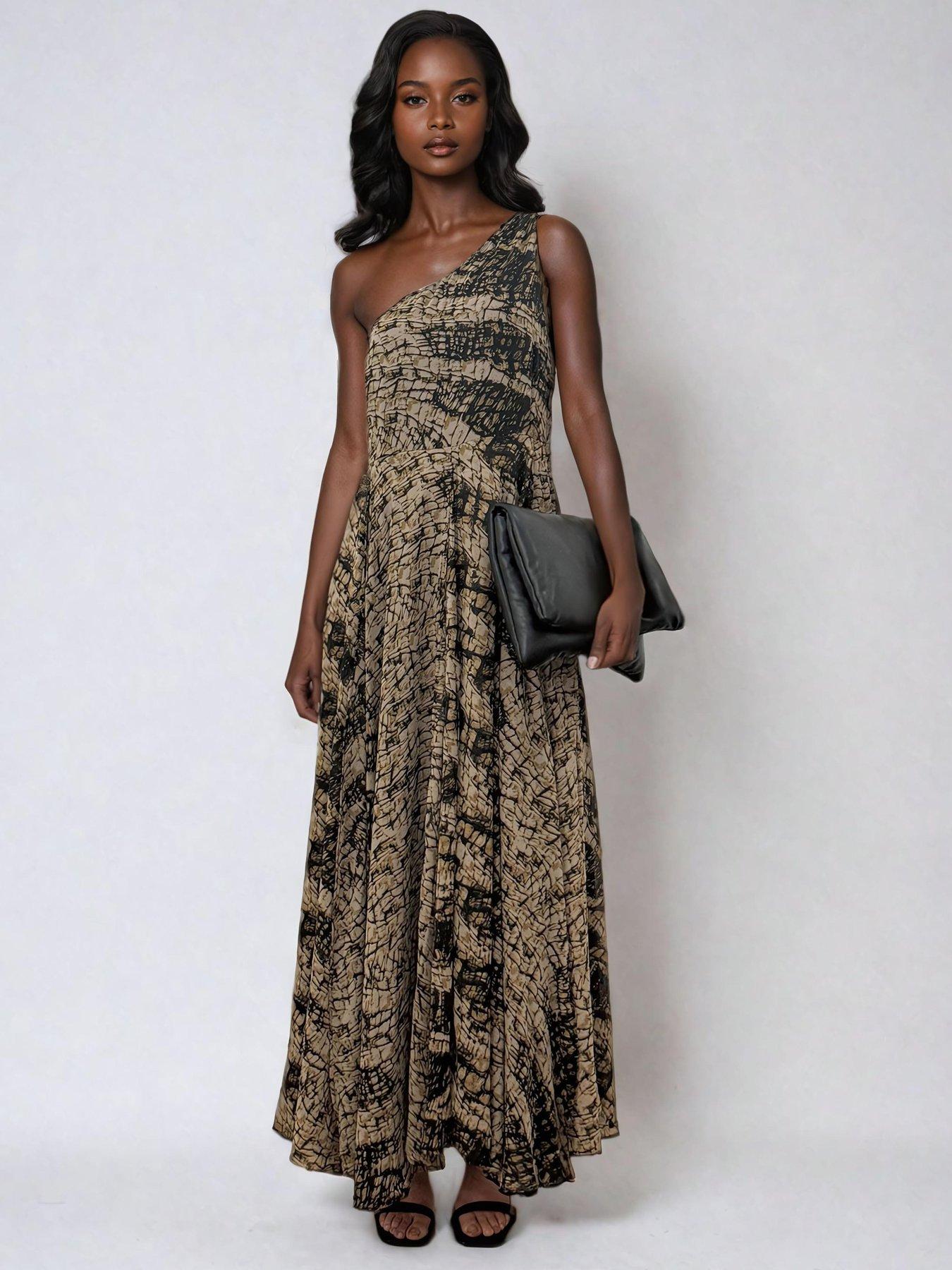 undefined One Shoulder Maxi Dress - Brown