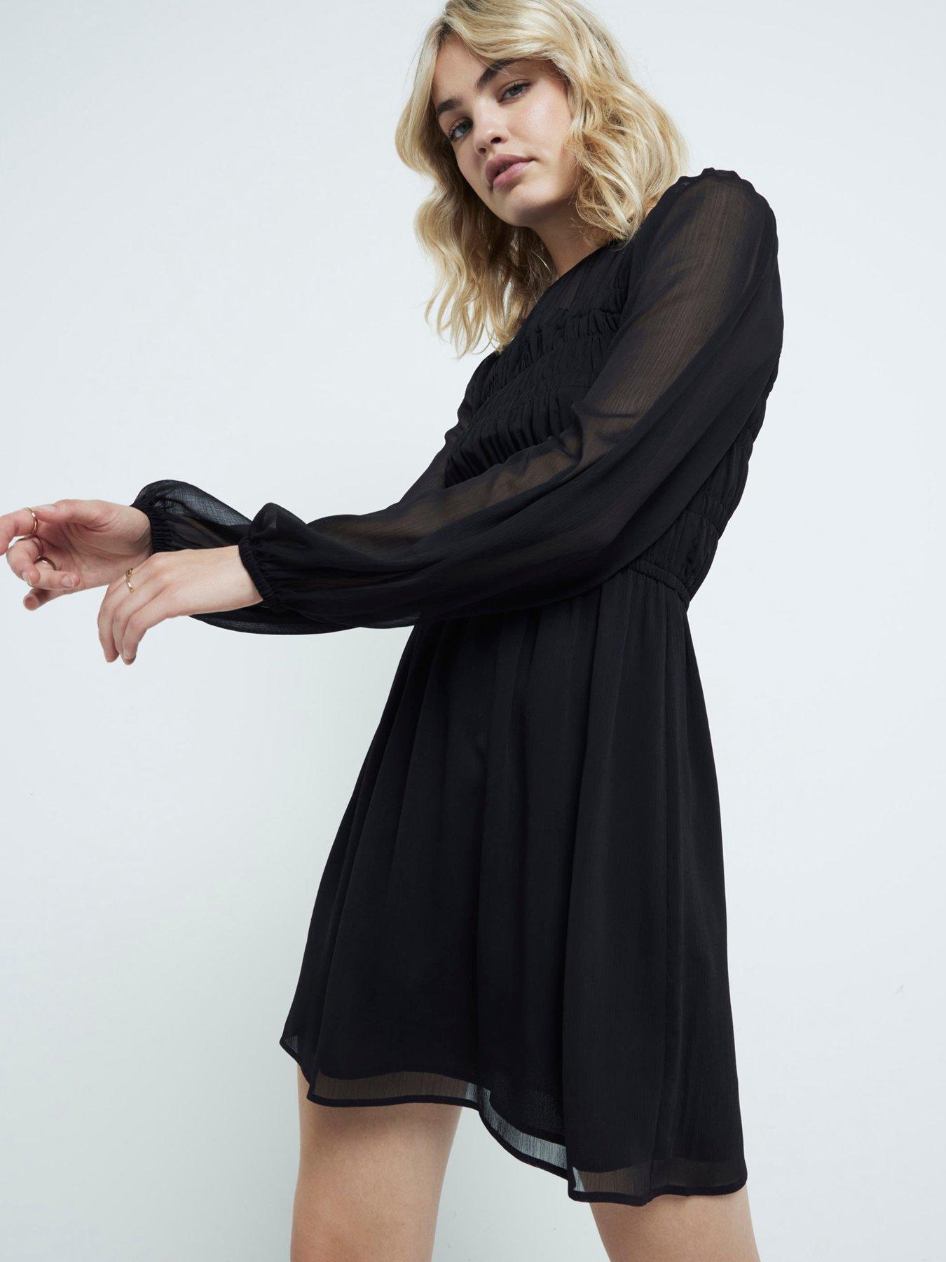 undefined Shirred Hybrid Tea Dress - Black