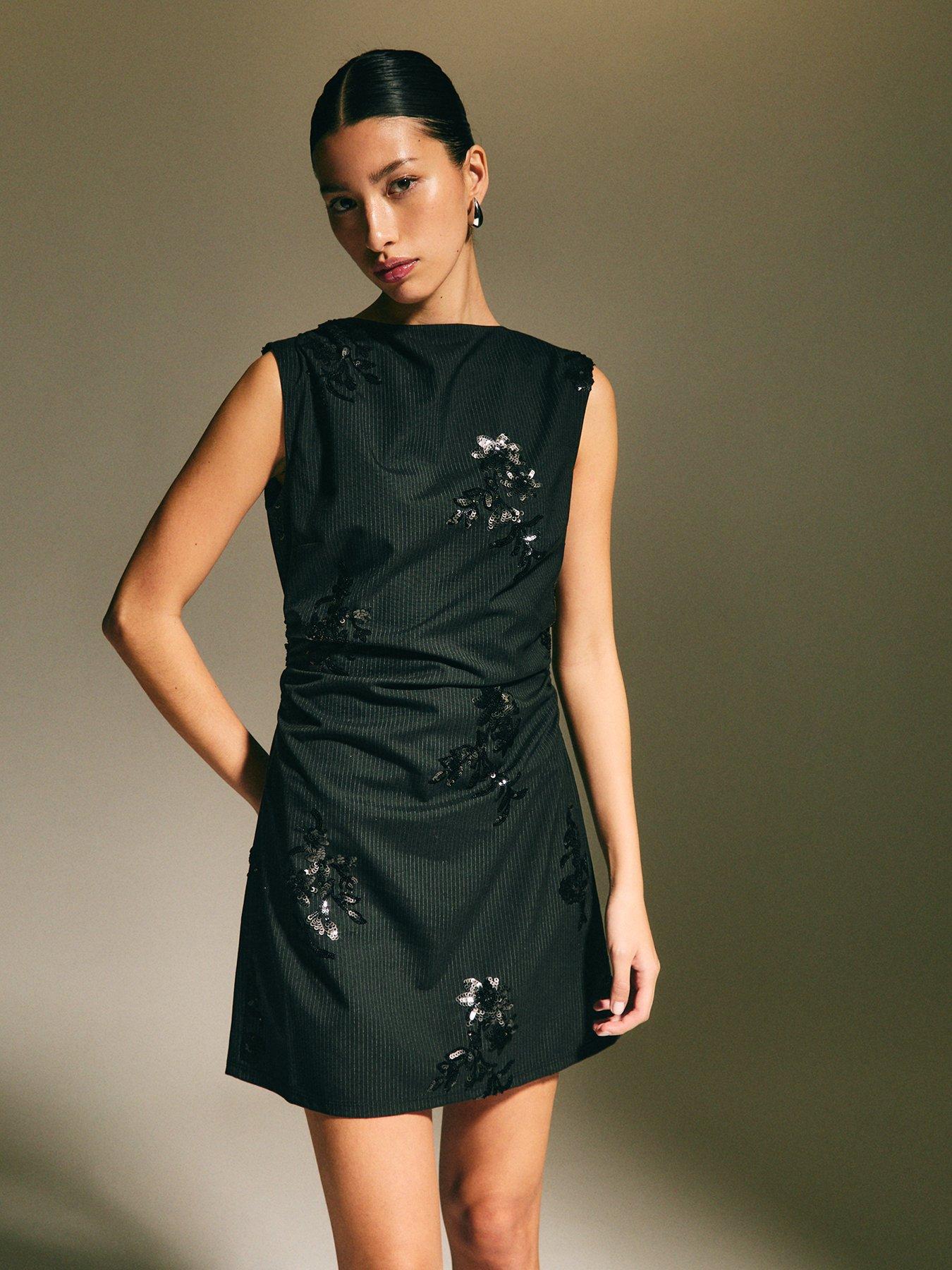 undefined Sequin Embellished Pinstripe Mini Dress - Black