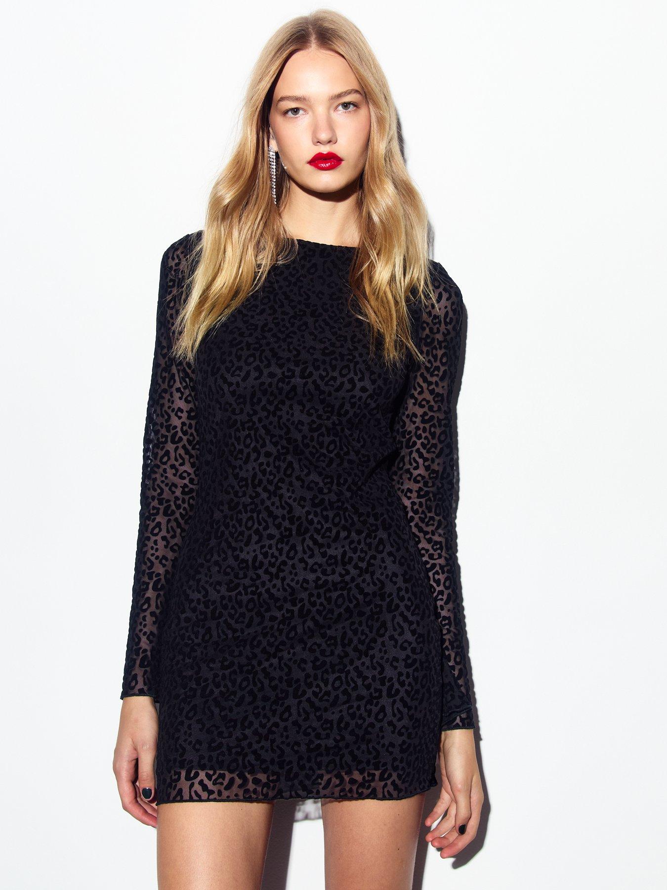 undefined Flocked Leopard Print Mesh Mini Dress - Black
