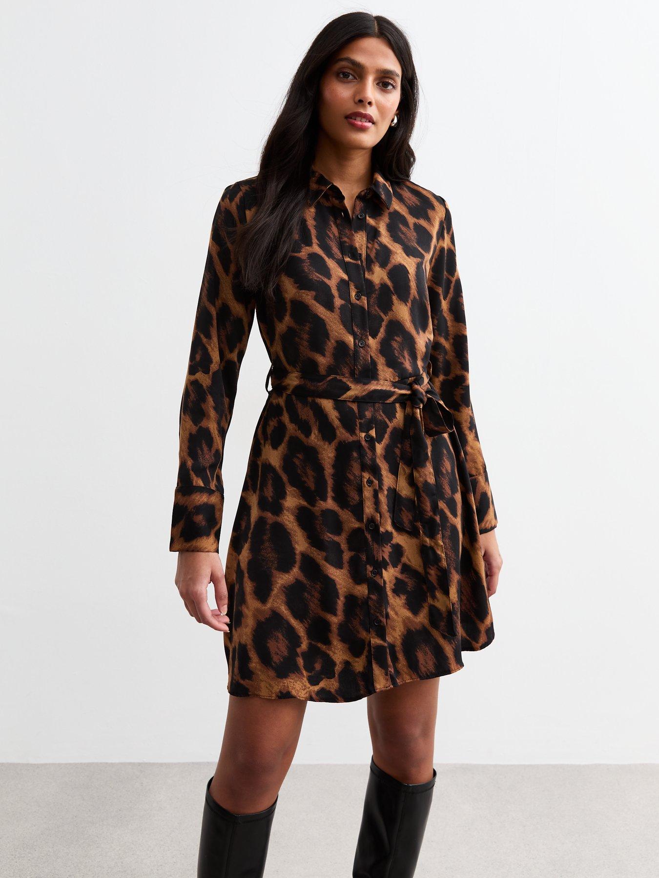 undefined Brown Leopard Long Sleeve Shirt Dress - Print