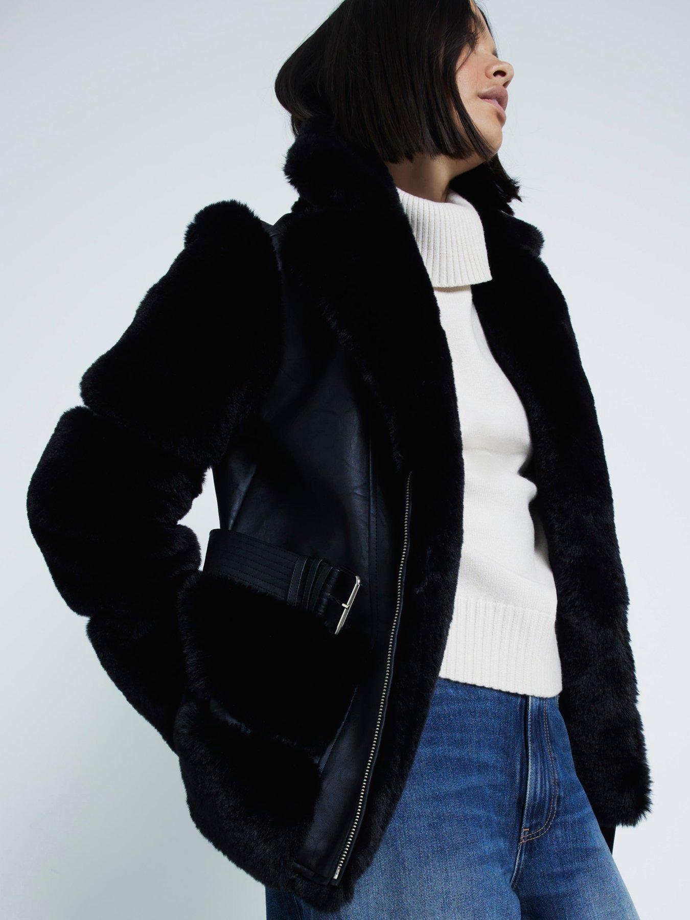 undefined Belted Faux Fur Biker Jacket - Black