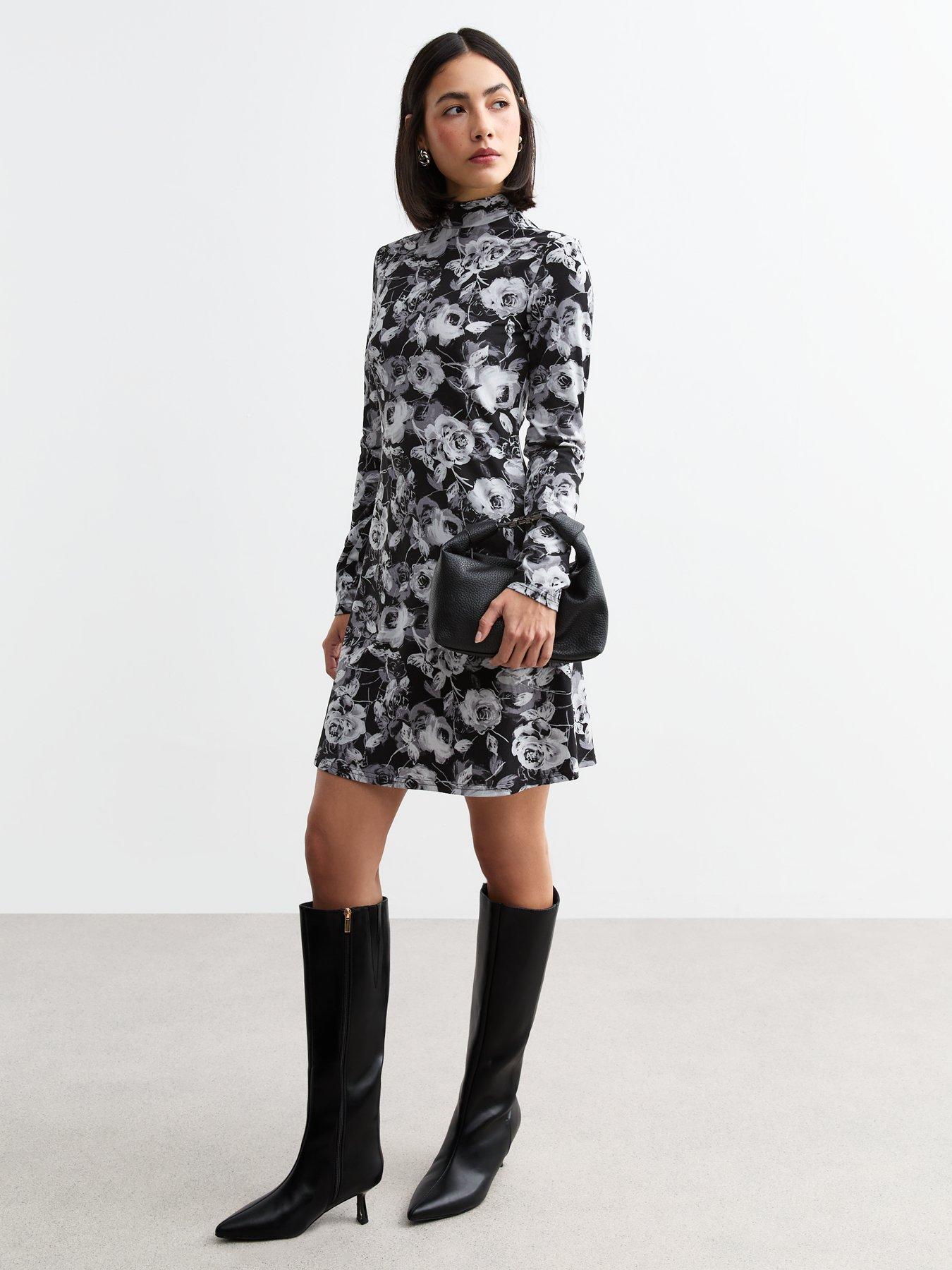  image of new-look-high-neck-long-sleeve-mini-dress-grey