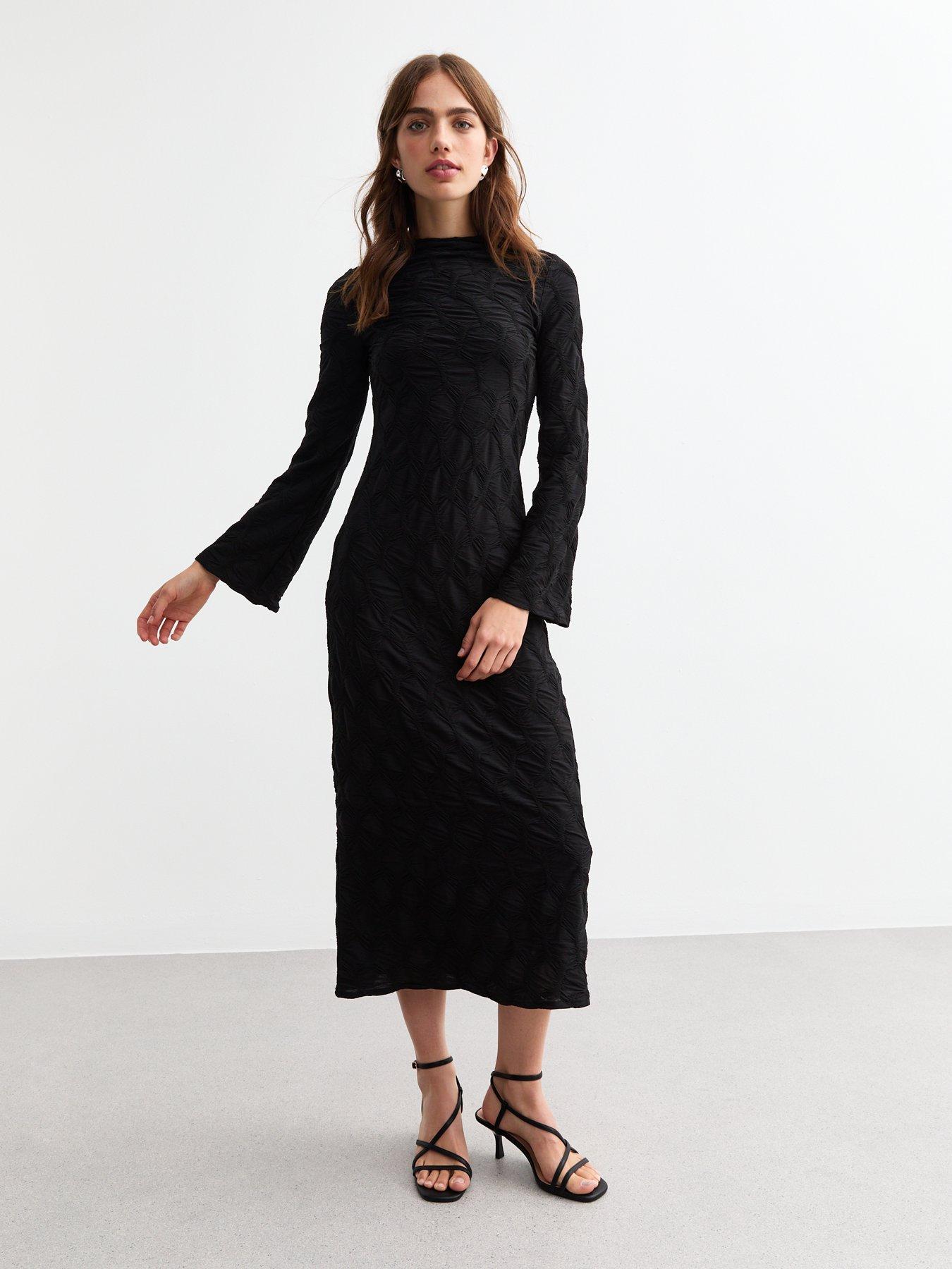undefined Textured Long Sleeve Midaxi Dress - Black